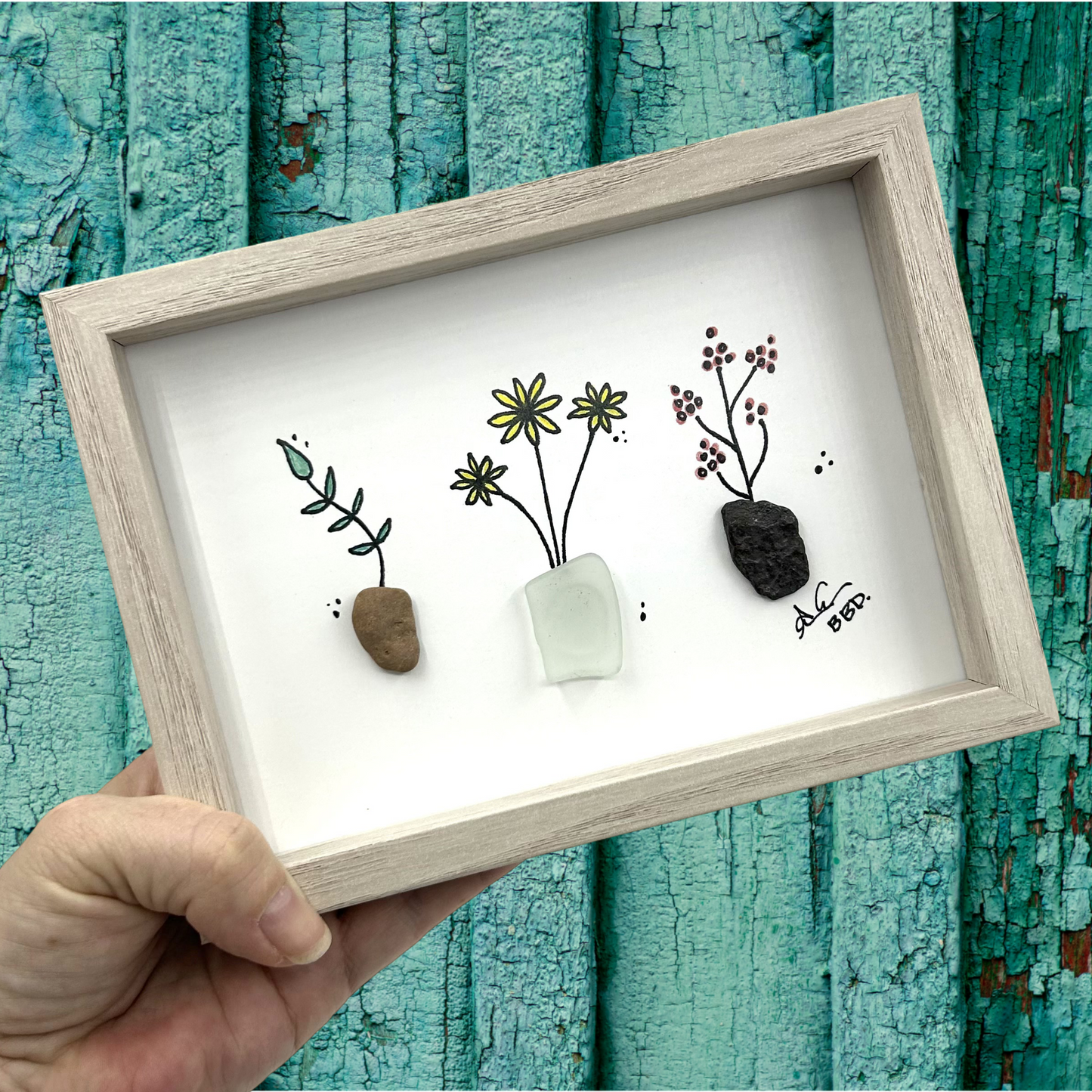 3 Potted Plants - SLIM Sea Glass Art,  5x7 Whitewash Frame