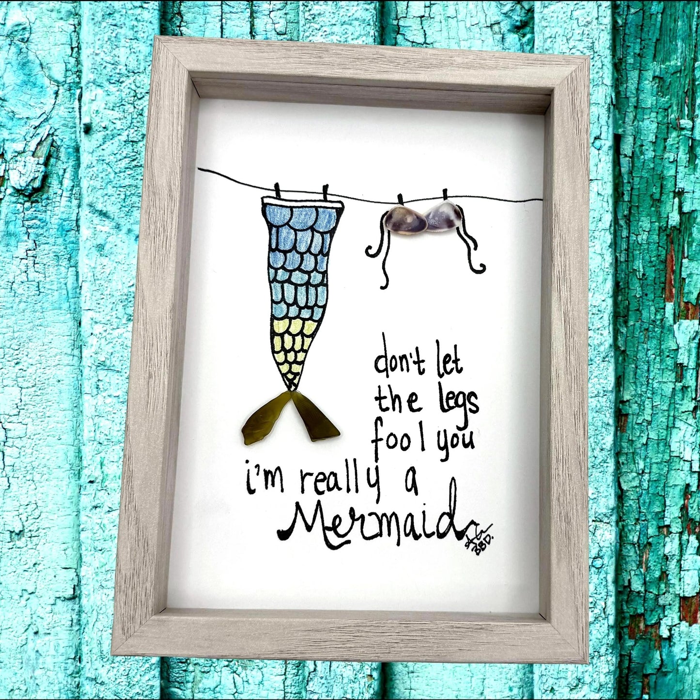 Mermaid Legs  - SLIM Sea Glass Art,  5x7 Whitewash Frame