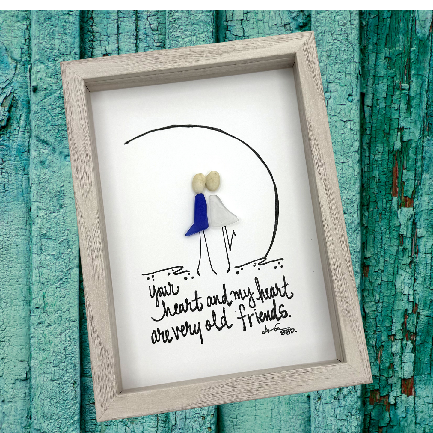 Old Friends - SLIM Sea Glass Art,  5x7 Whitewash Frame