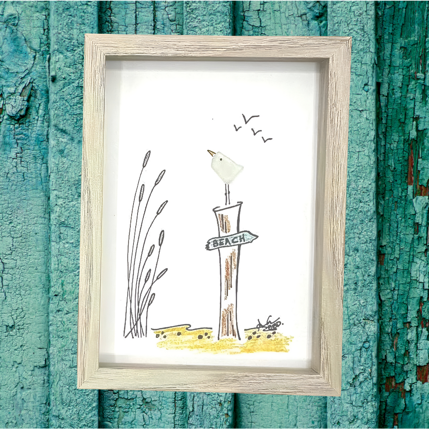 Seagull Piling Sign to the Beach - SLIM Sea Glass Art,  5x7 Whitewash Frame