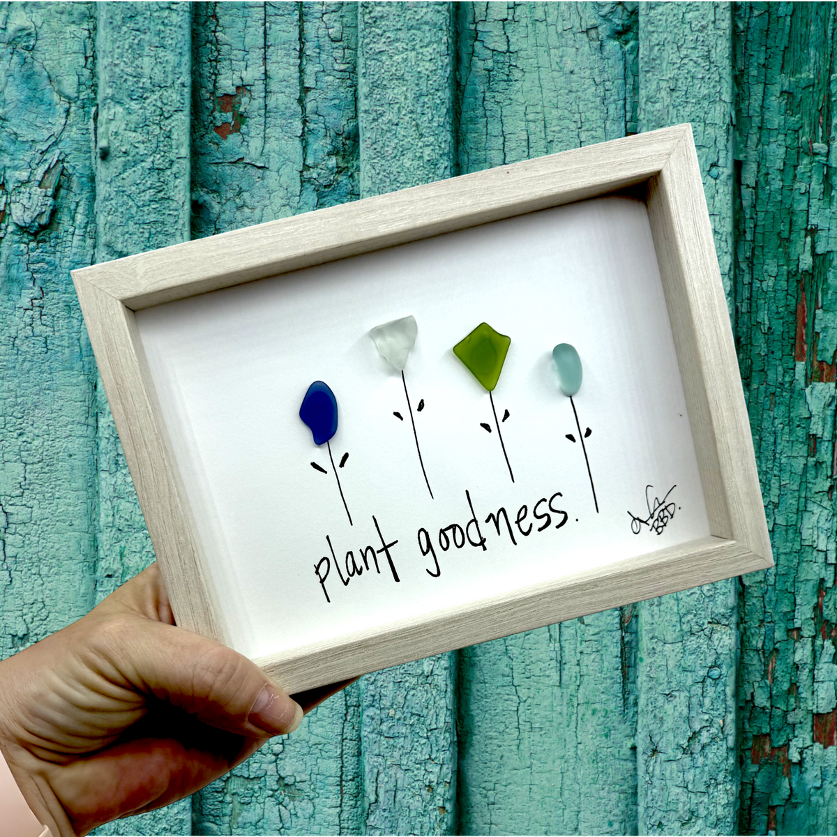 Quote: "plant goodness." Image: Four sea glass flowers on hand-drawn stems