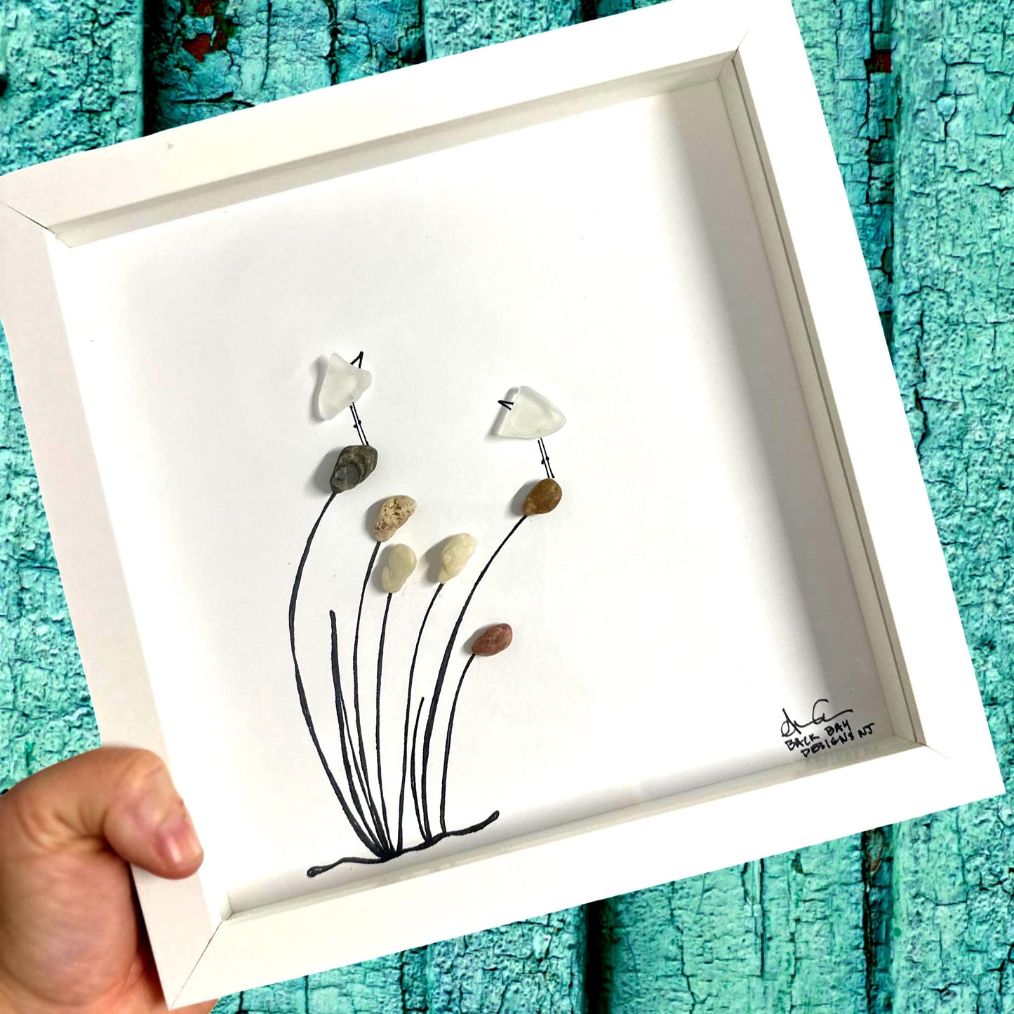 Dune Grass - Sea Glass Art, Coastal Marsh Decor, Sea Bird Couple on Reeds Gift, 8x8 Framed