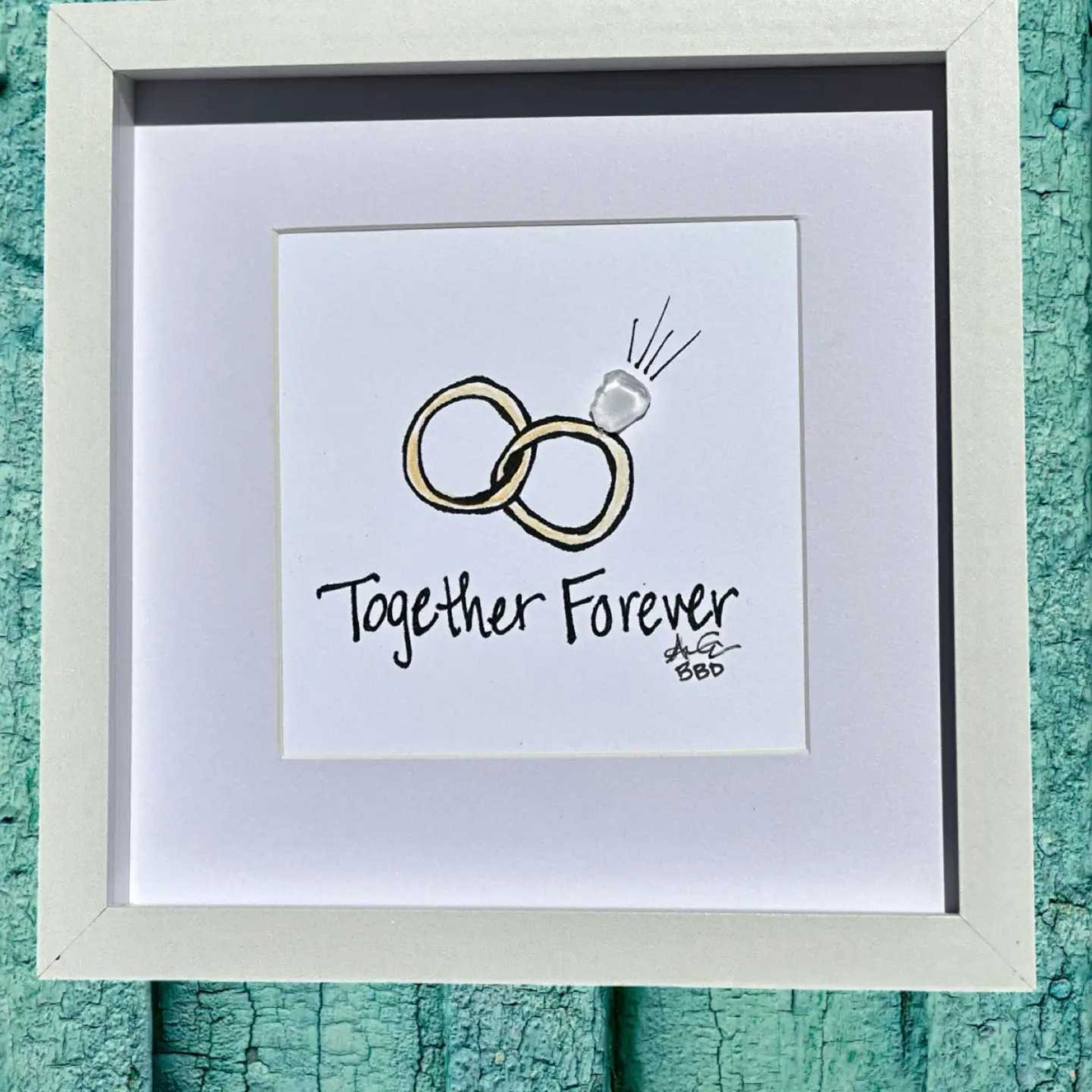 rings together forever MINI sea glass art 6in