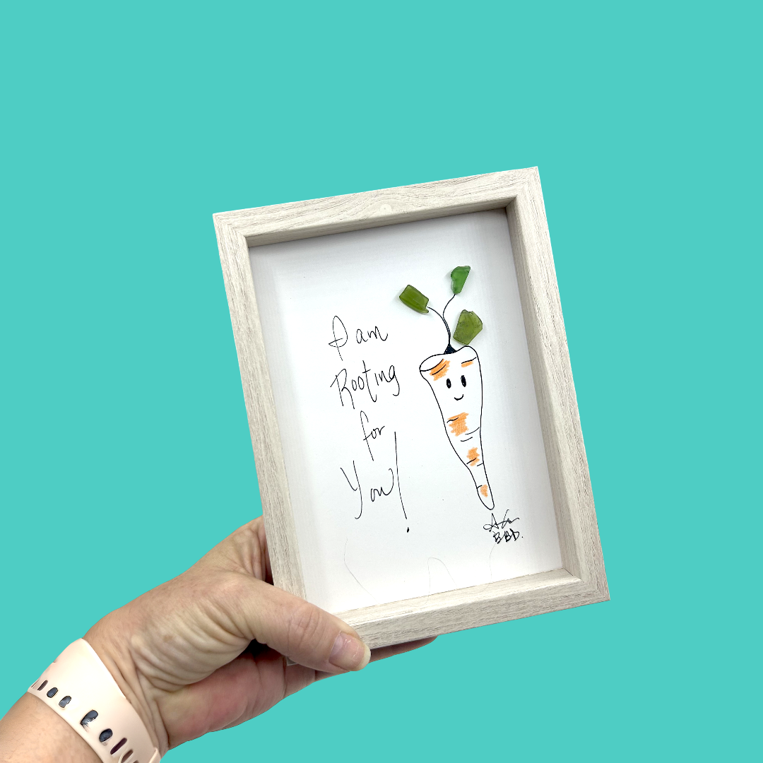 Rooting for You Carrrot- SLIM Sea Glass Art,  5x7 Whitewash Frame