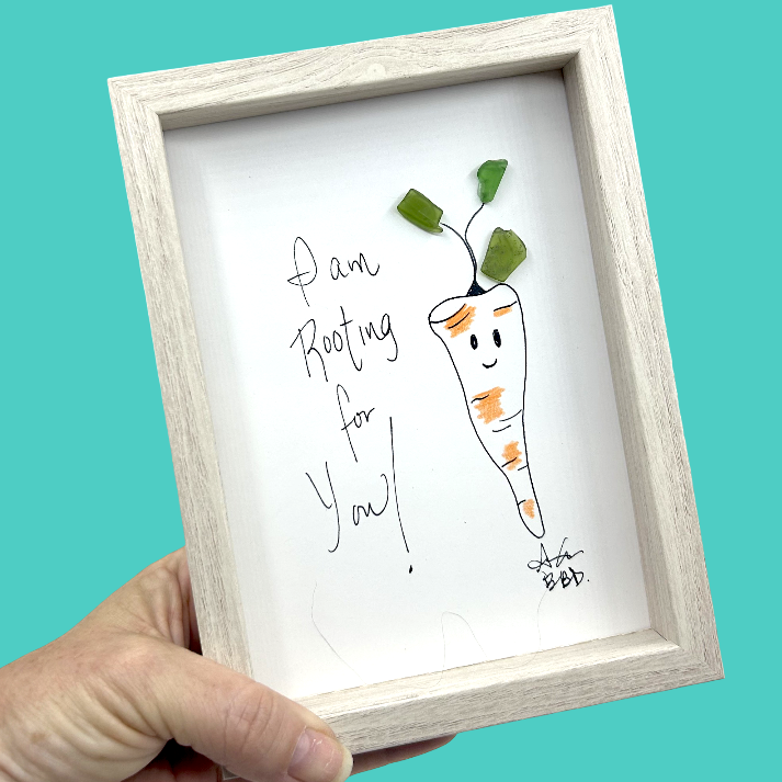 Rooting for You Carrrot- SLIM Sea Glass Art,  5x7 Whitewash Frame