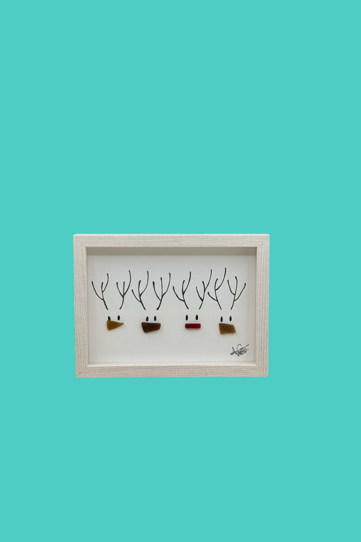 Rudolph & Reindeer Friends - SLIM Sea Glass Art,  5x7 Whitewash Frame