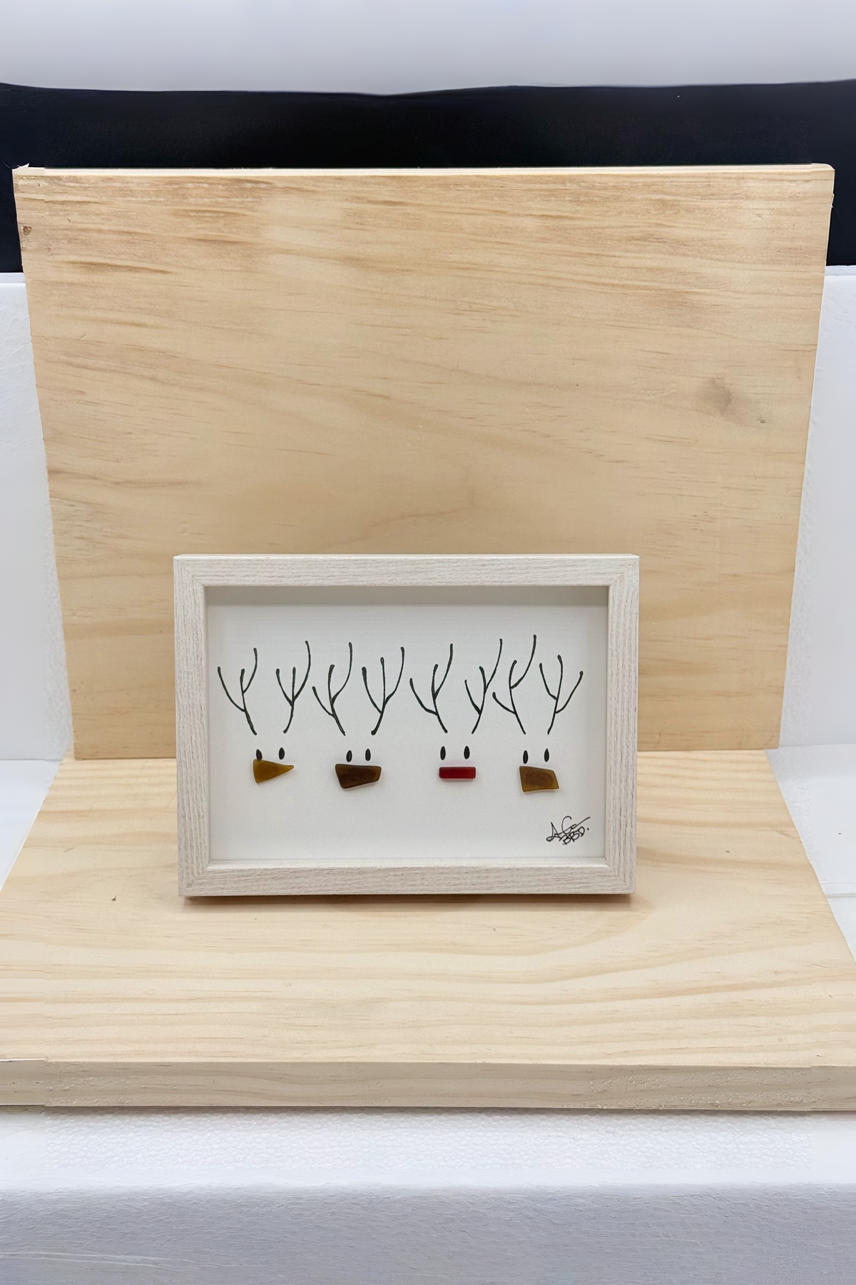 Rudolph & Reindeer Friends - SLIM Sea Glass Art,  5x7 Whitewash Frame