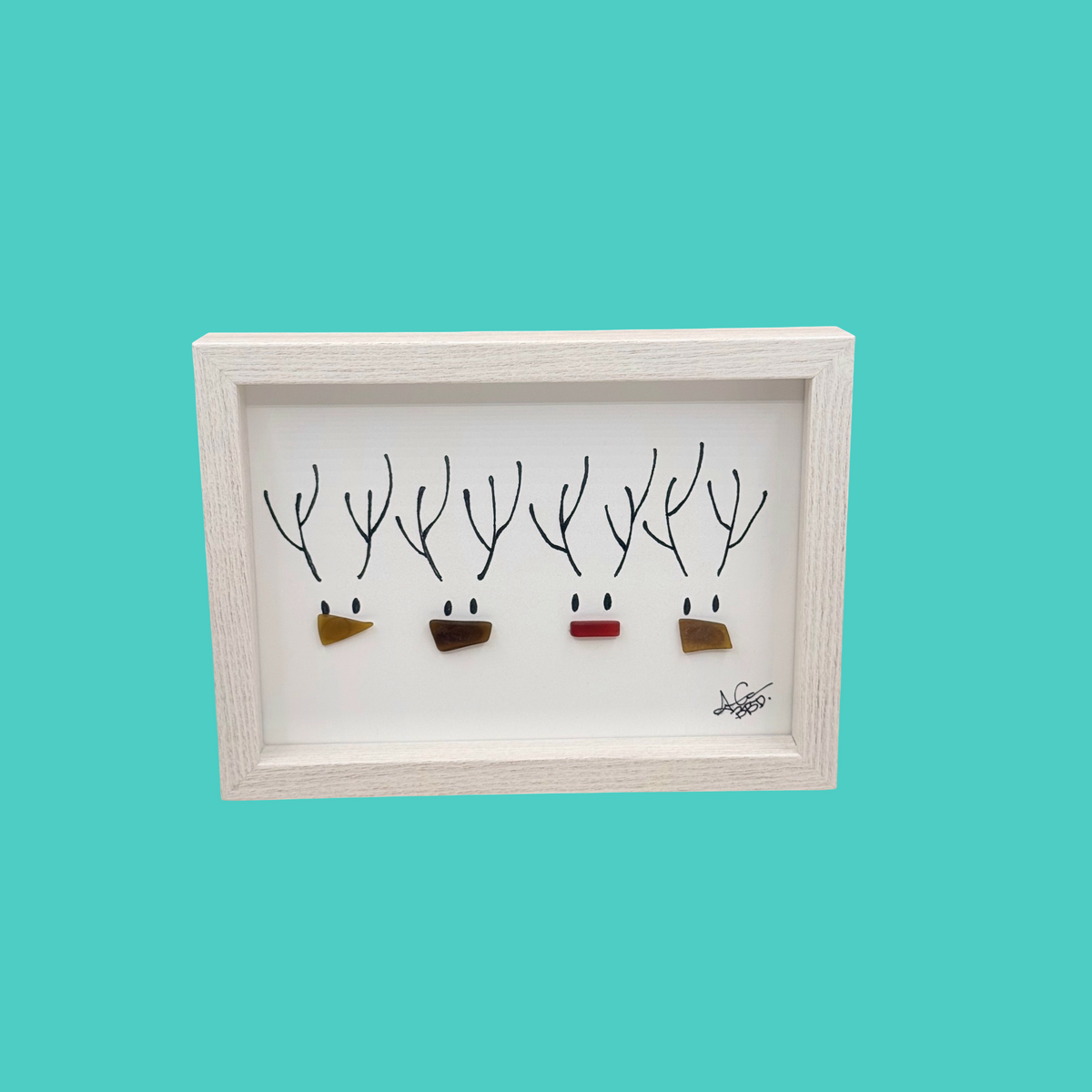 Rudolph & Reindeer Friends - SLIM Sea Glass Art,  5x7 Whitewash Frame