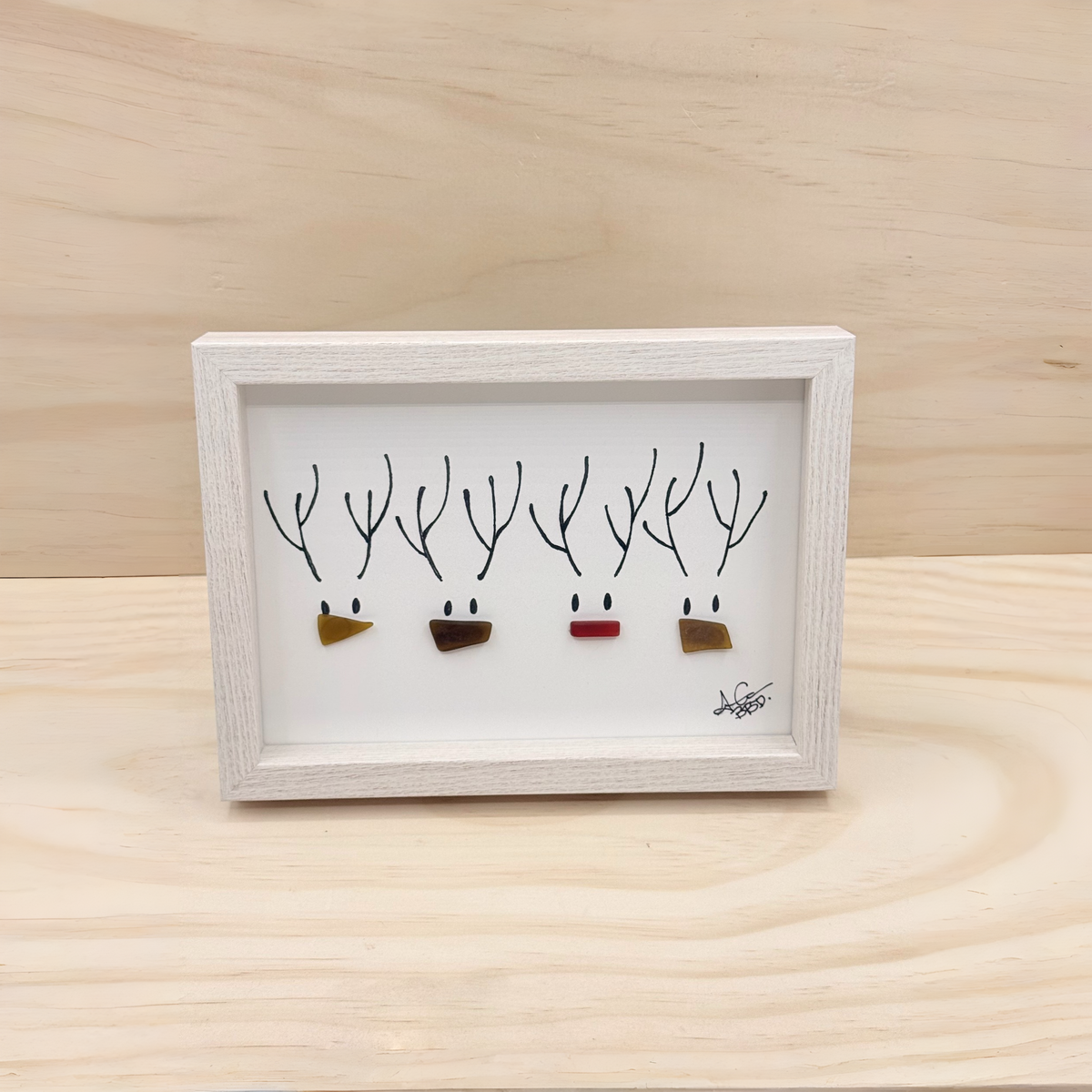 Rudolph & Reindeer Friends - SLIM Sea Glass Art,  5x7 Whitewash Frame