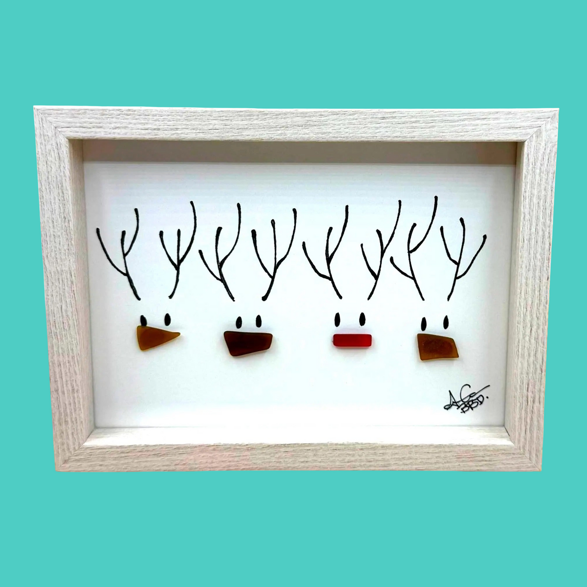 Rudolph & Reindeer Friends - SLIM Sea Glass Art,  5x7 Whitewash Frame