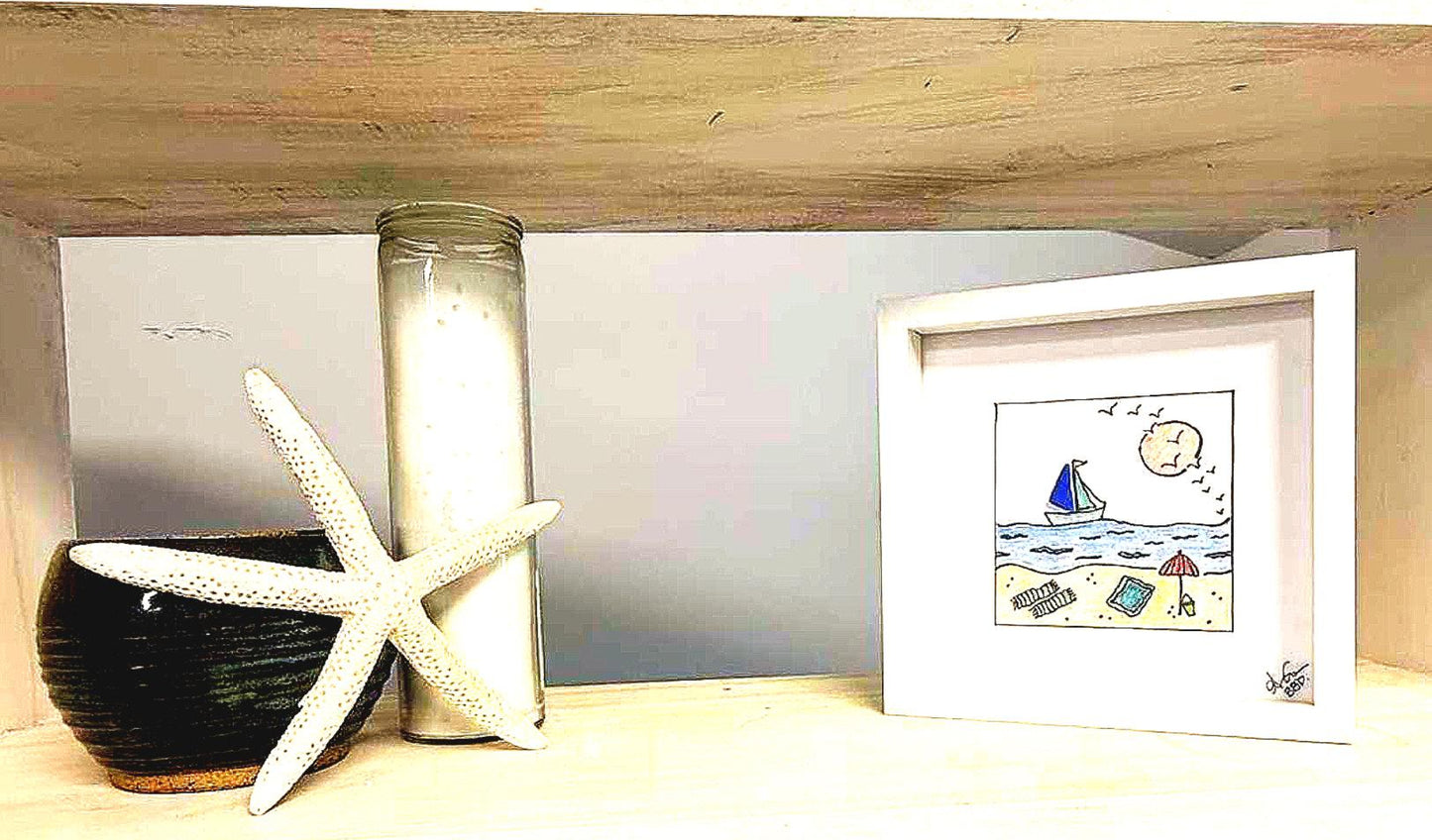 sailboat beach MINI one shelf Bright 6in sea glass art
