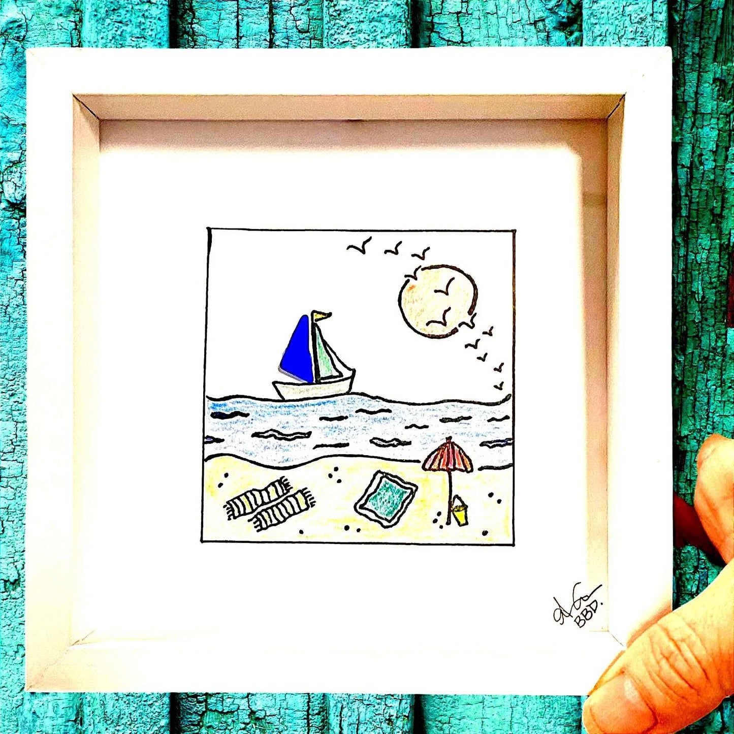 Sailboat Beach MINI - Sea Glass Art - 6x6 Framed