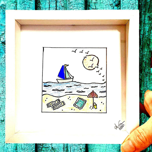 Sailboat Beach MINI - Sea Glass Art - 6x6 Framed
