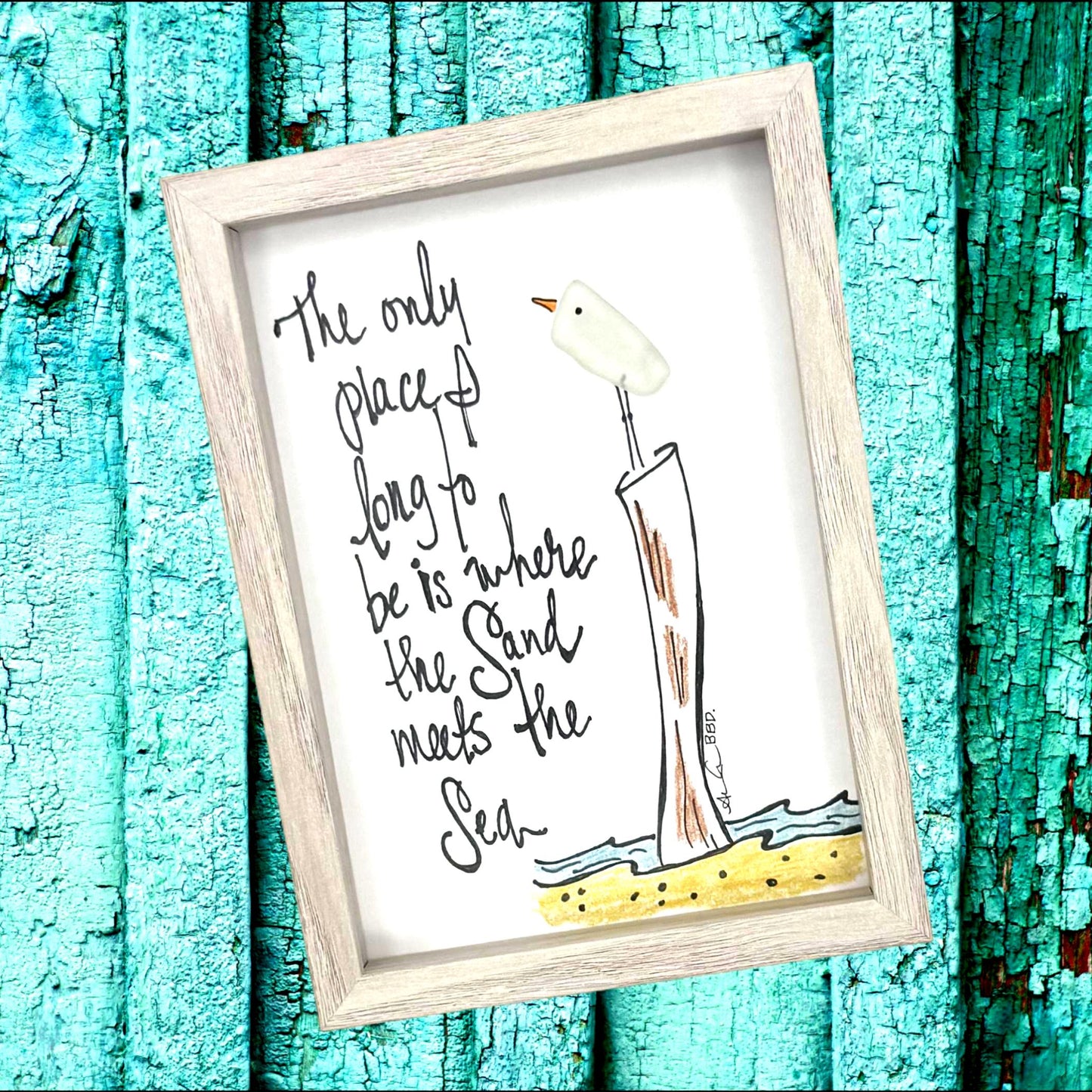 Sand Meets the Sea - SLIM Sea Glass Art,  5x7 Whitewash Frame