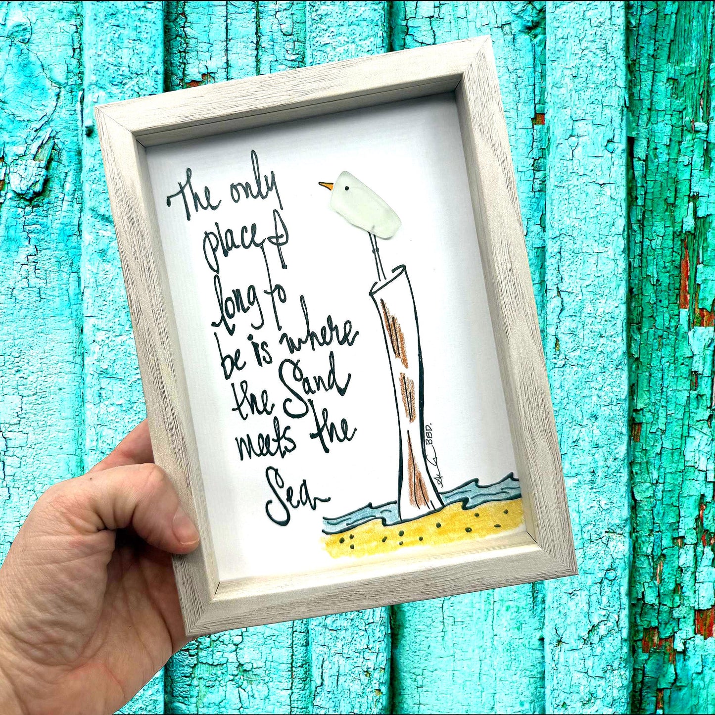 Sand Meets the Sea - SLIM Sea Glass Art,  5x7 Whitewash Frame