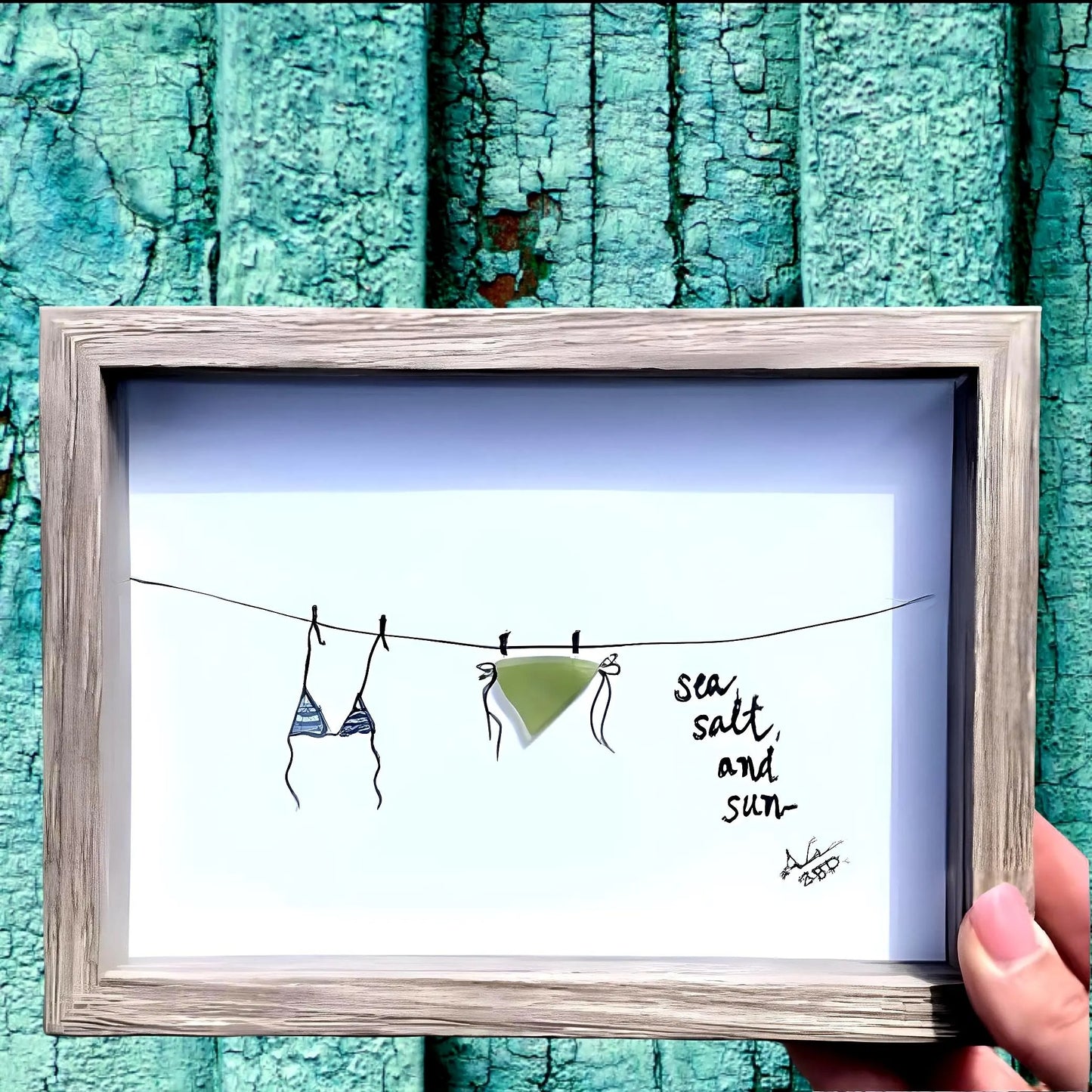 Sea Salt Sun Bikini Clothesline  - SLIM Sea Glass Art,  5x7 Driftwood Frame
