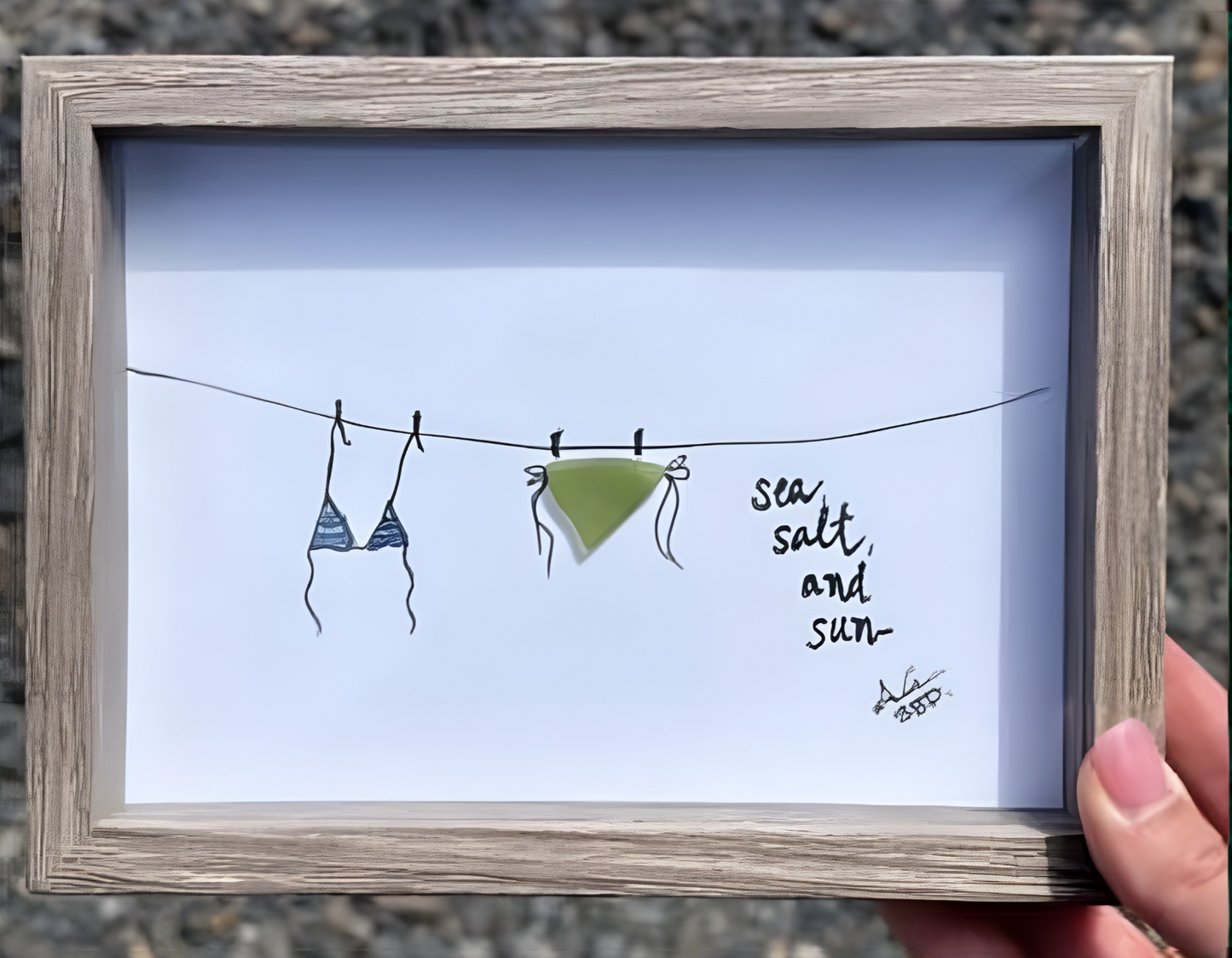 Sea Salt Sun Bikini Clothesline  - SLIM Sea Glass Art,  5x7 Driftwood Frame
