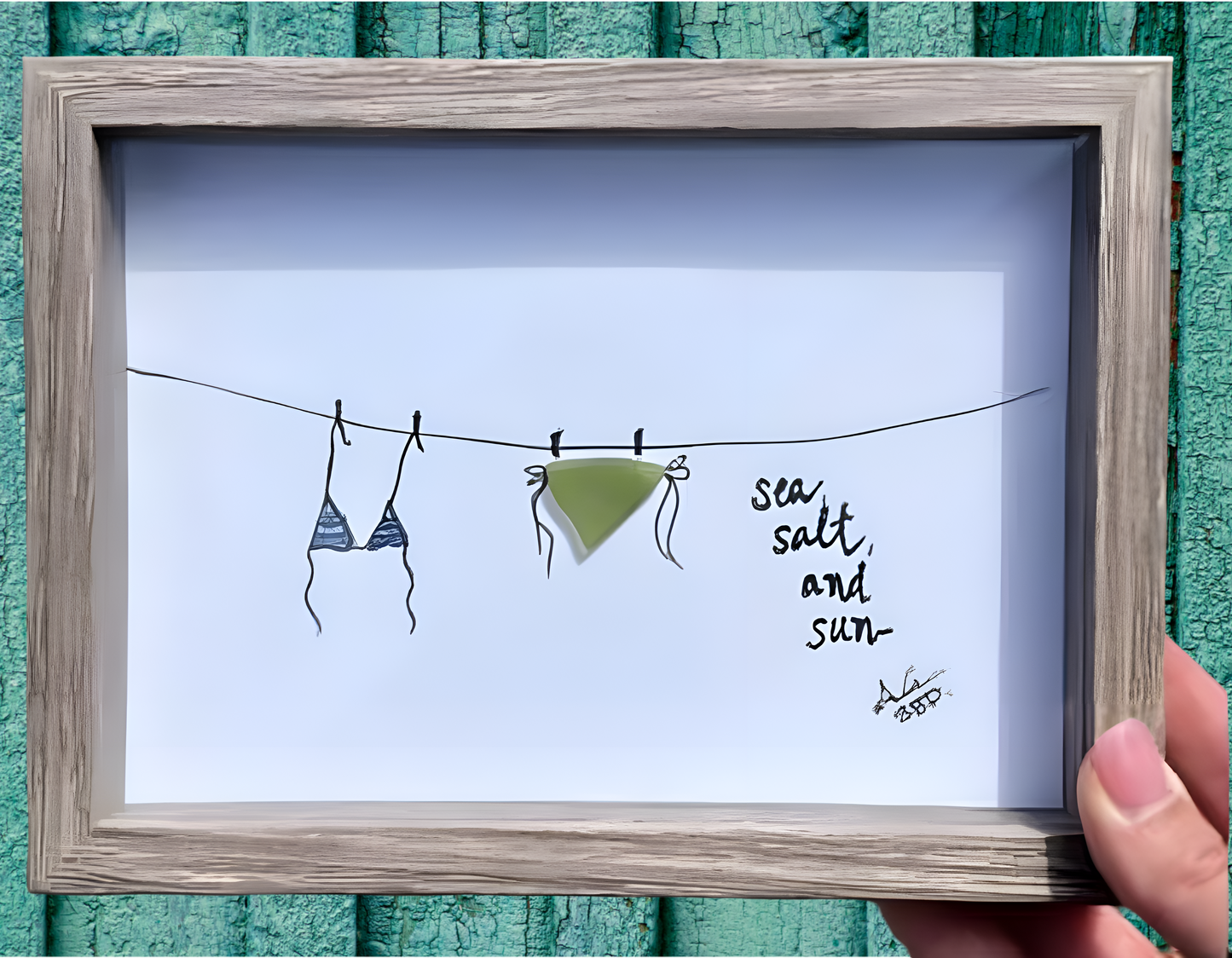 Sea Salt Sun Bikini Clothesline  - SLIM Sea Glass Art,  5x7 Driftwood Frame