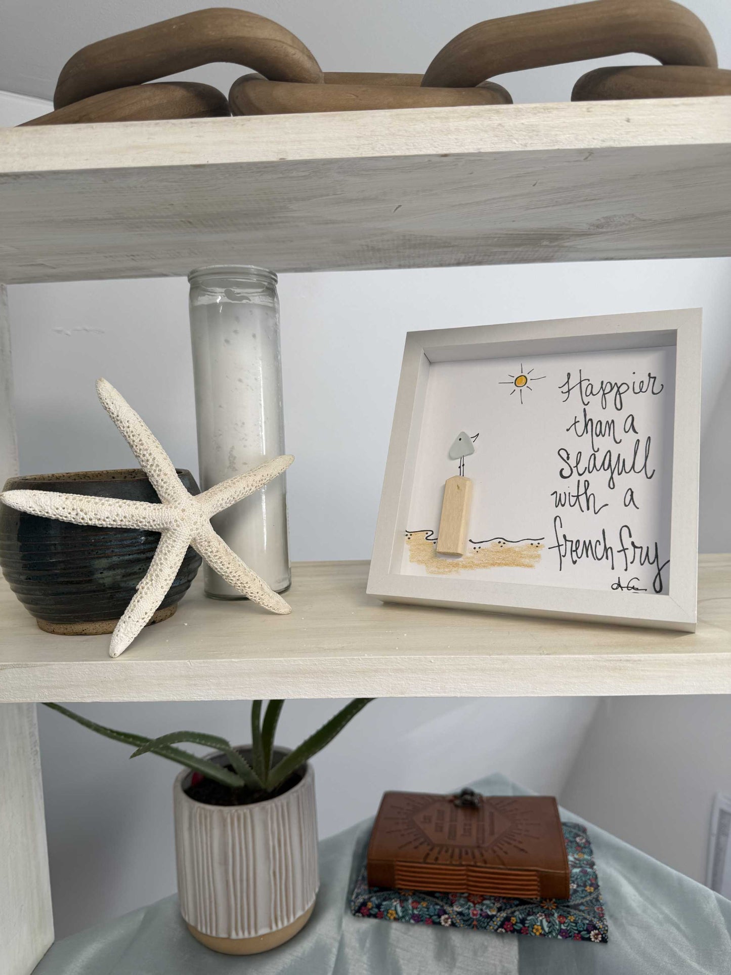 seagull french fry with color MINI  on a shelf sea glass art 