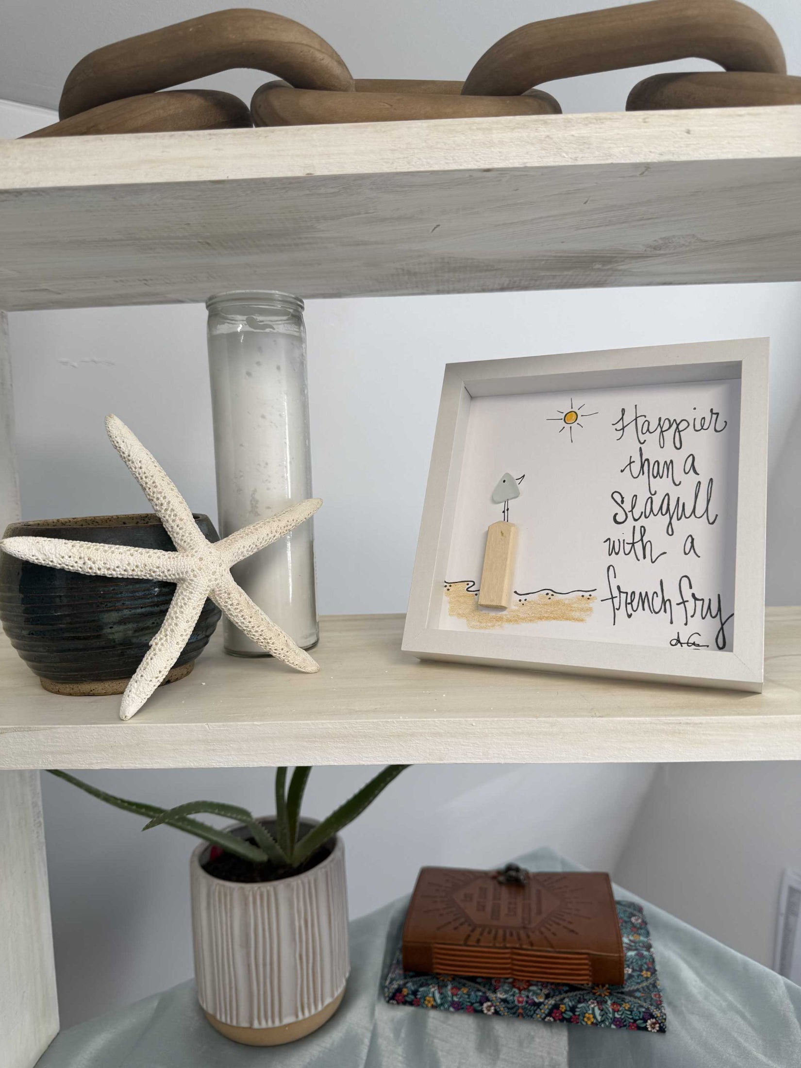 seagull french fry with color MINI  on a shelf sea glass art 