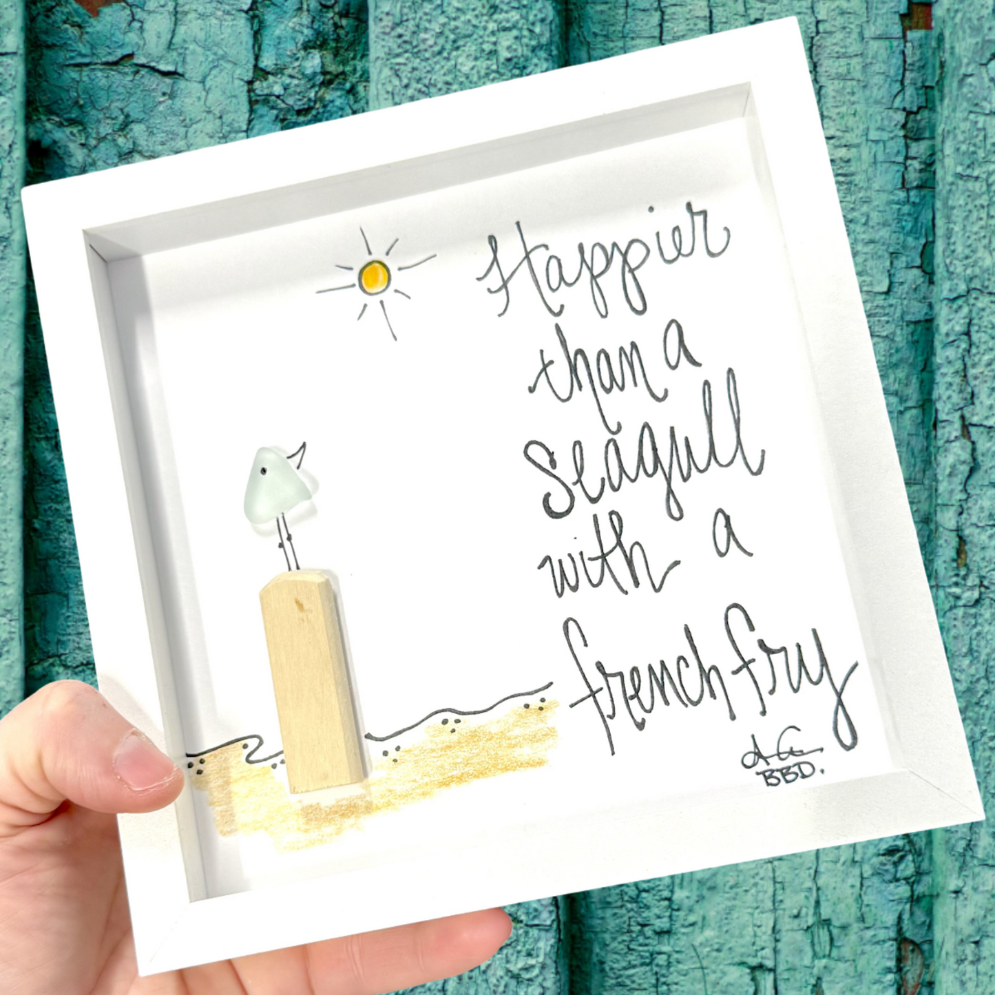 seagull french fry with color MINI sea glass art 