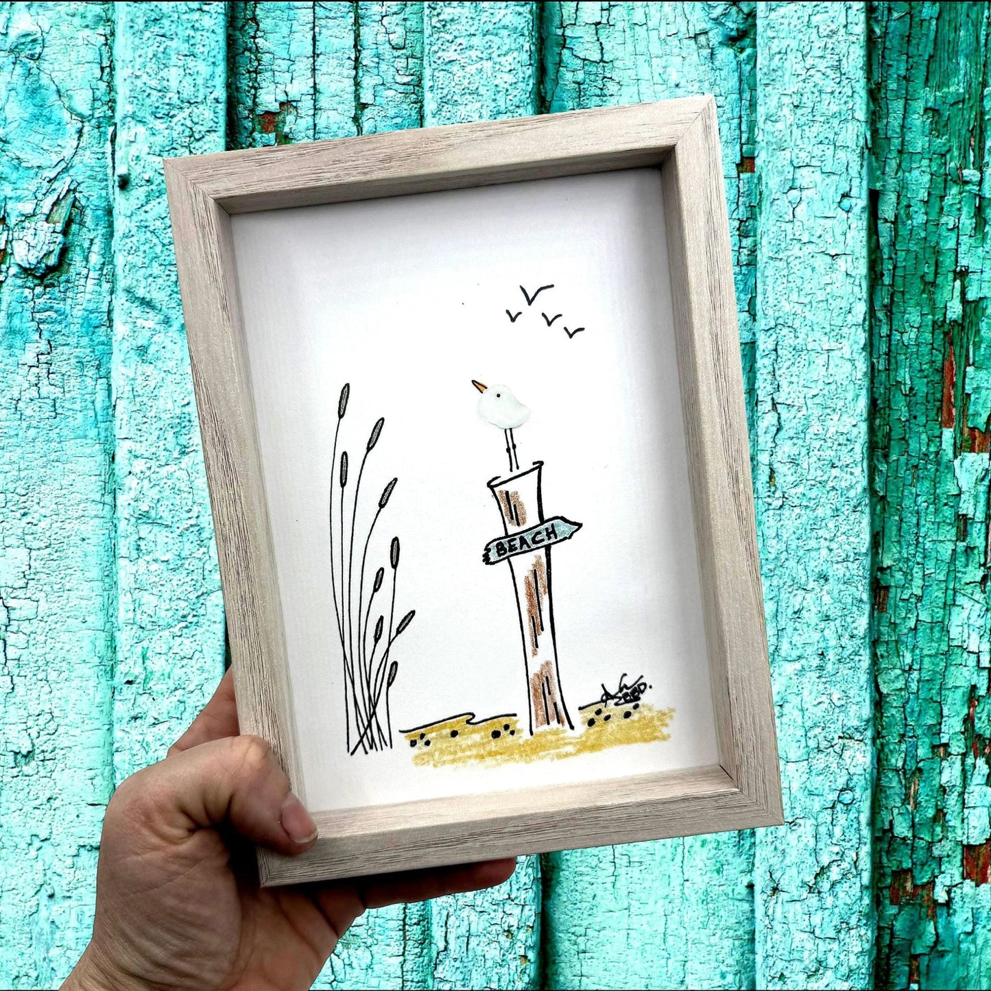 seagull on piling sign to beach 5x7 whitewash frame handheld bright 