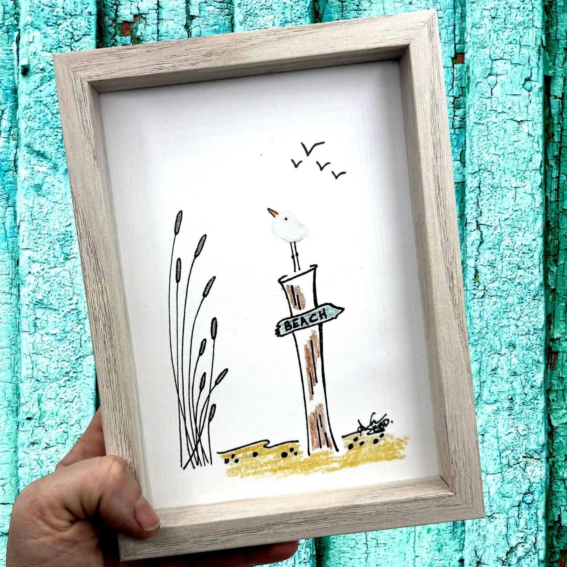 seagull on piling sign to beach 5x7 whitewash frame handheld bright close