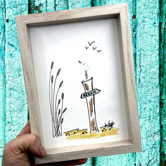 seagull on piling sign to beach 5x7 whitewash frame handheld bright close