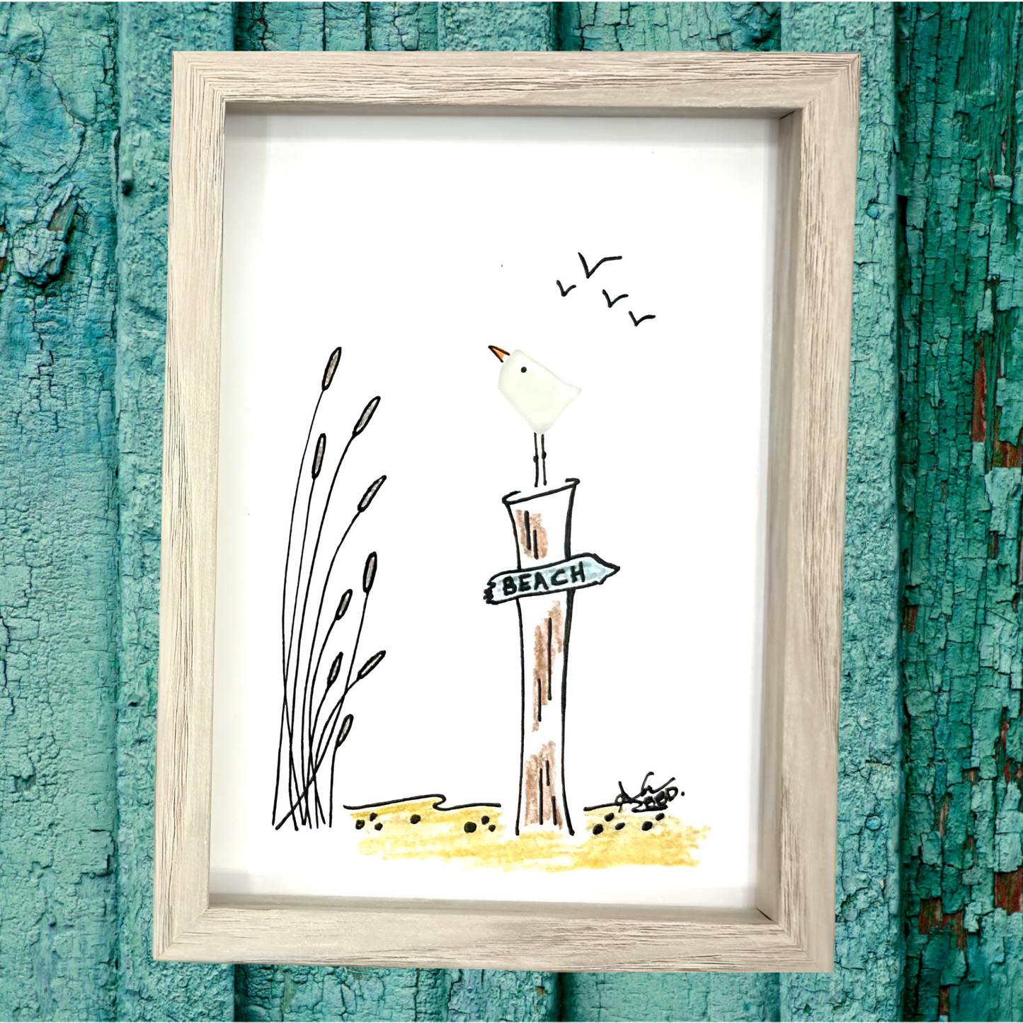 seagull piling sign to the beach 5x7 whitewash square bright 