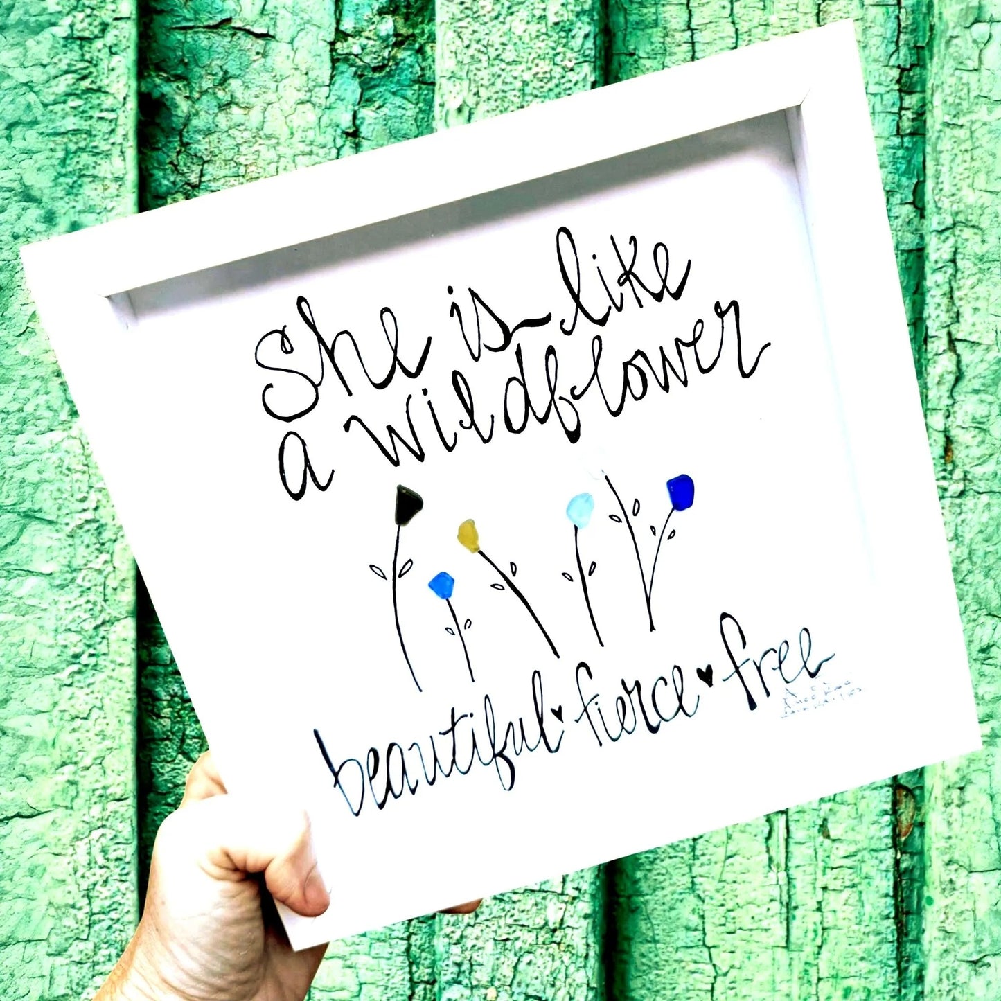 She is Like A Wildflower - Sea Glass Art, Uplifting Birthday Gift for Her, Garden Decor, 8x8 framed