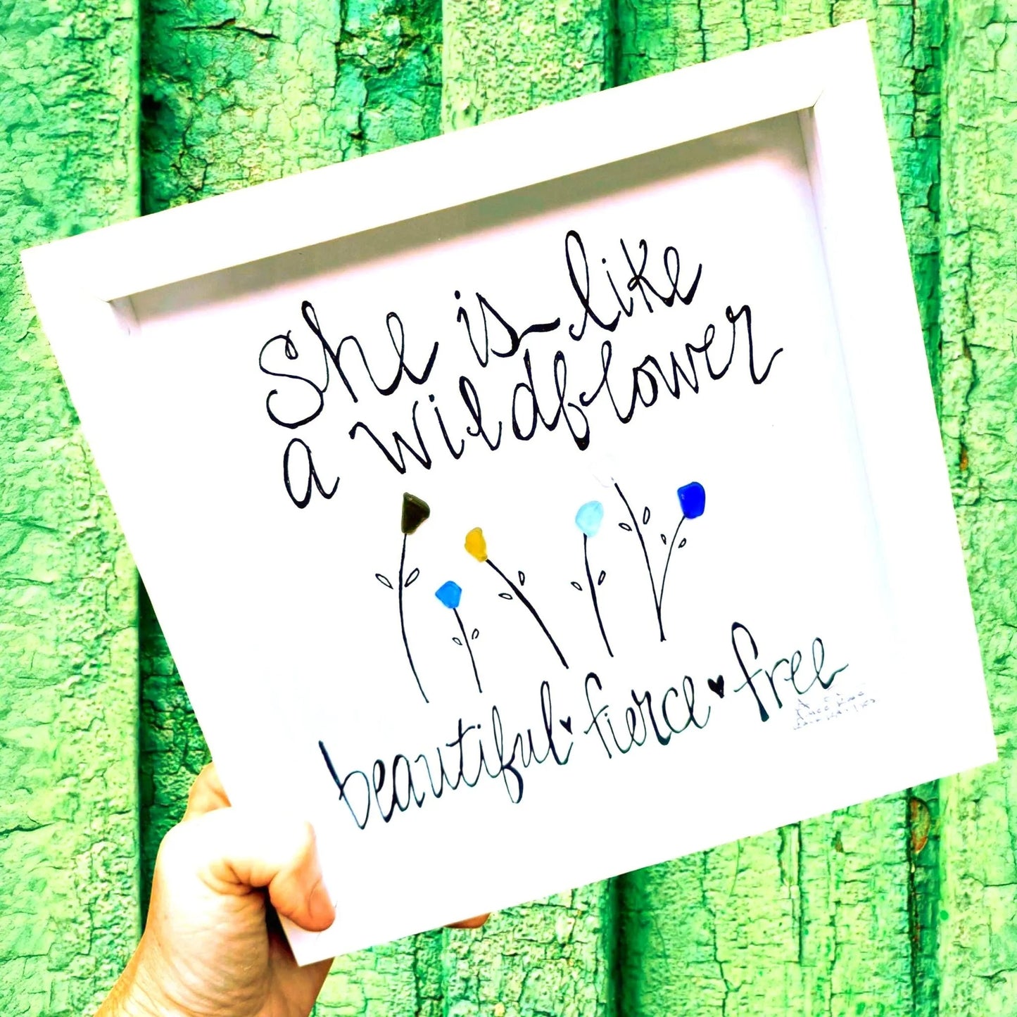 She is Like A Wildflower - Sea Glass Art, Uplifting Birthday Gift for Her, Garden Decor, 8x8 framed