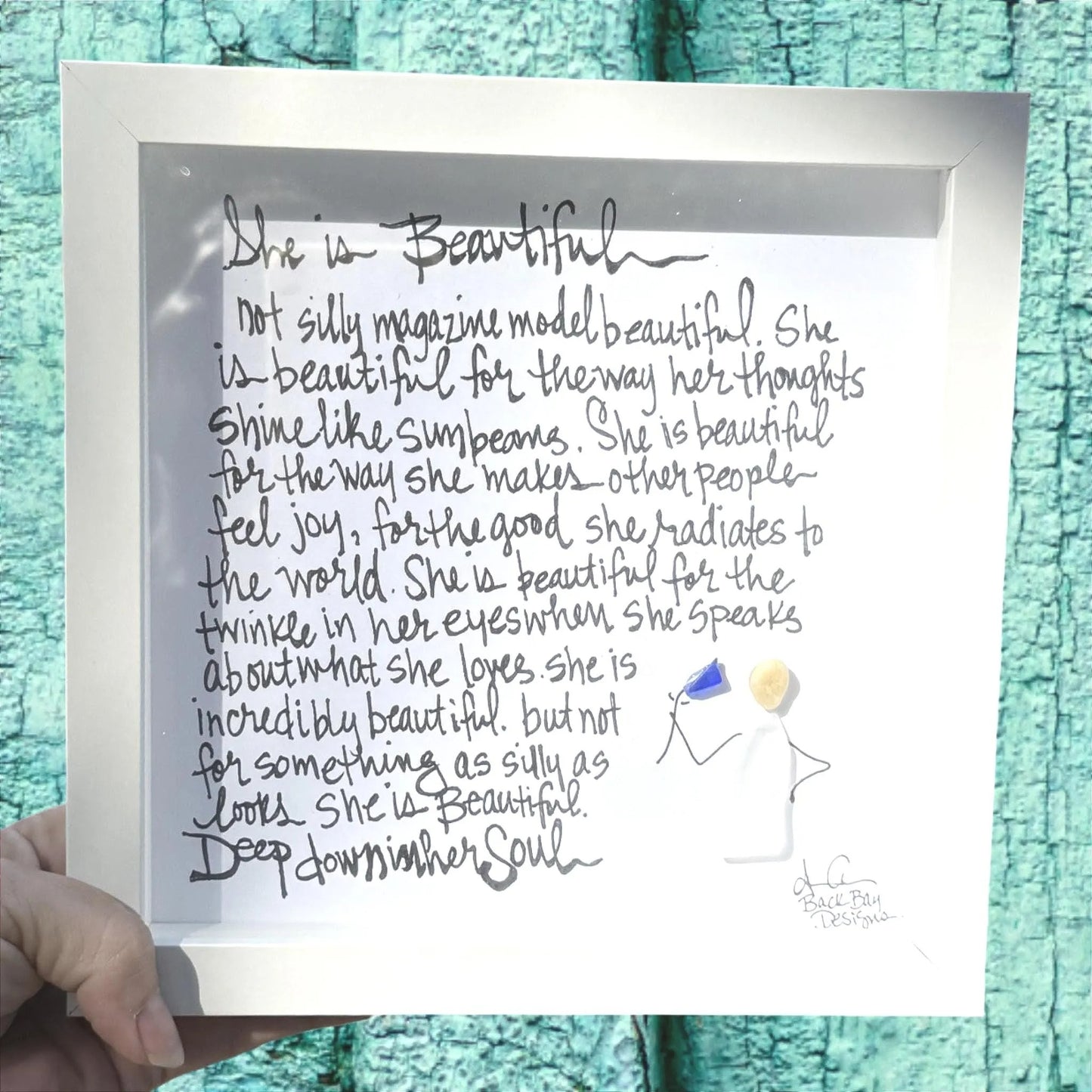 She is Beautiful, Not Silly Magazine Model - Sea Glass Art, Uplifting Gift for Her, 8x8 framed