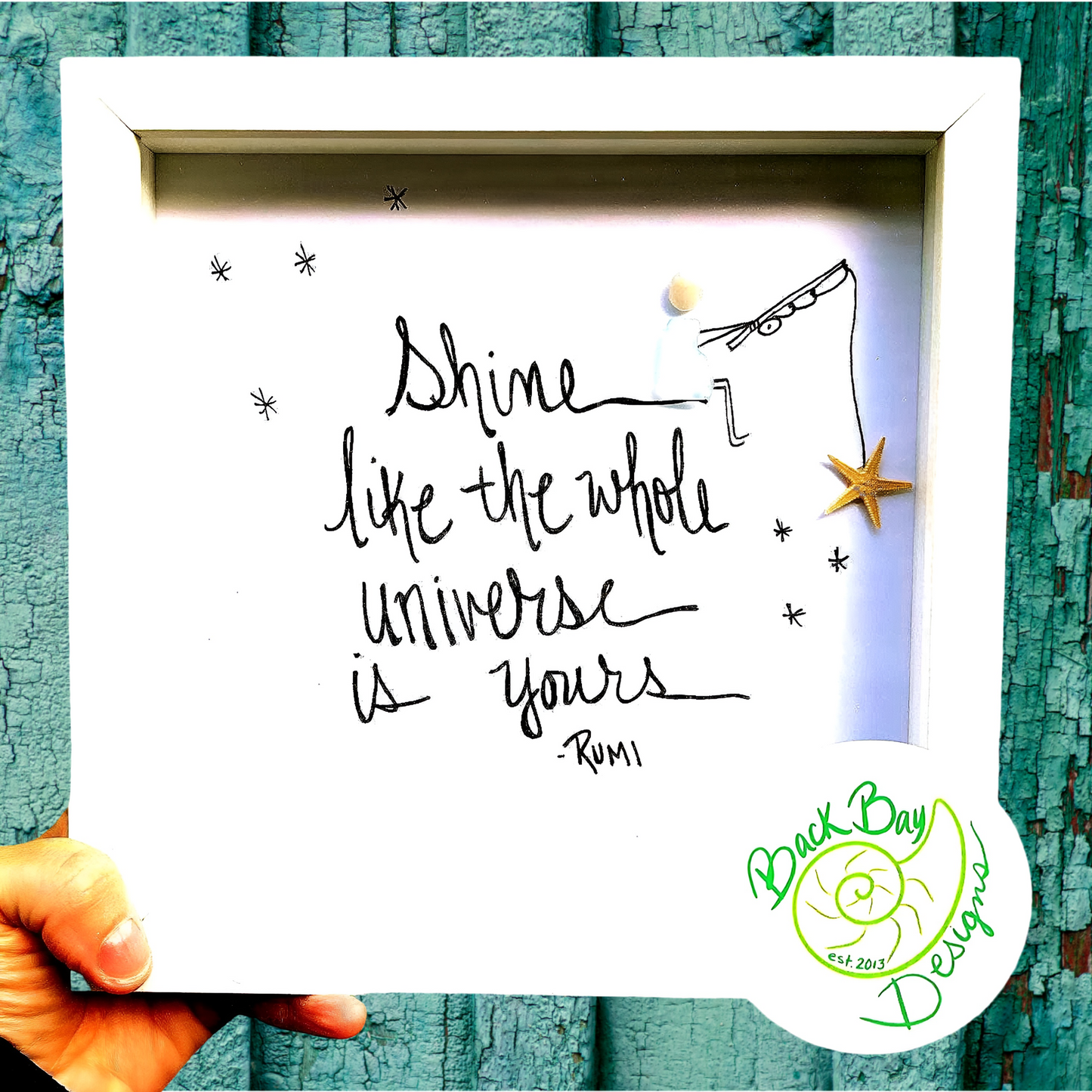 Shine Like The Whole Universe Rumi - Sea Glass Art, Uplifting Gift, 8x8 framed