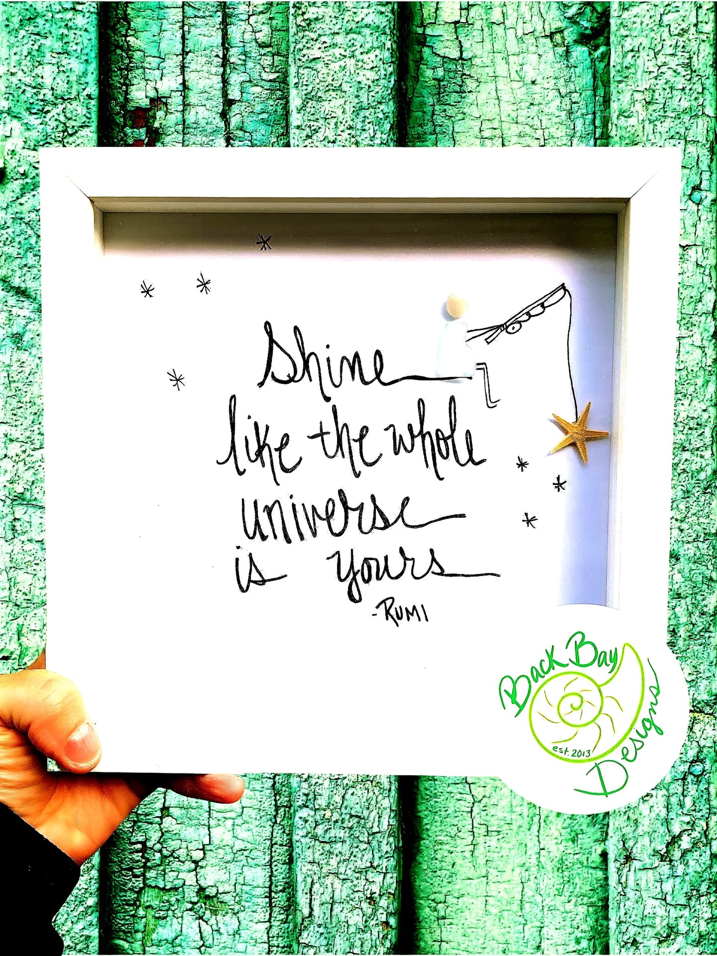 Shine Like The Whole Universe Rumi - Sea Glass Art, Uplifting Gift, 8x8 framed