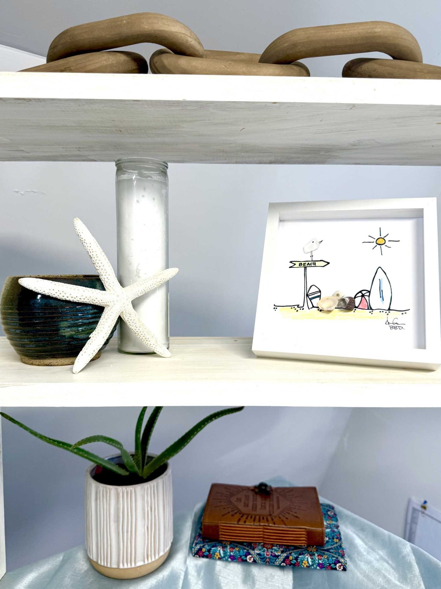 sign to the beach with color MINI sea glasss art 6in on the shelf