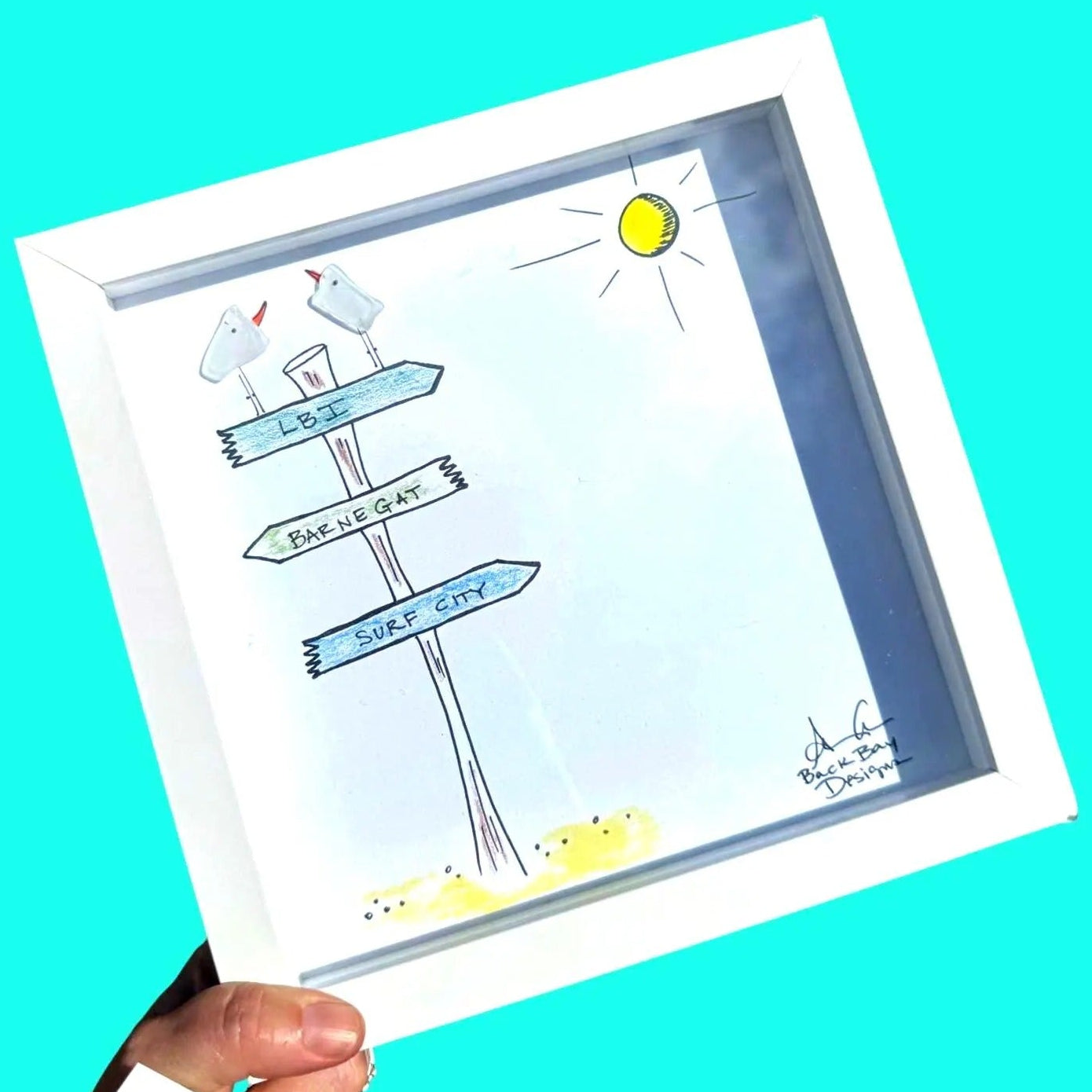 3 Signs to YOUR Beach Town (with color) - Custom Optional - Sea Glass Art, Coastal Decor, 8x8 framed