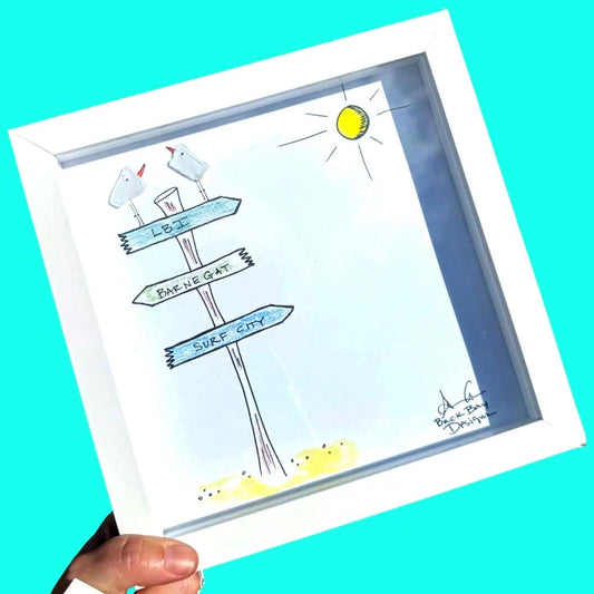 3 Signs to YOUR Beach Town (with color) - Custom Optional - Sea Glass Art, Coastal Decor, 8x8 framed
