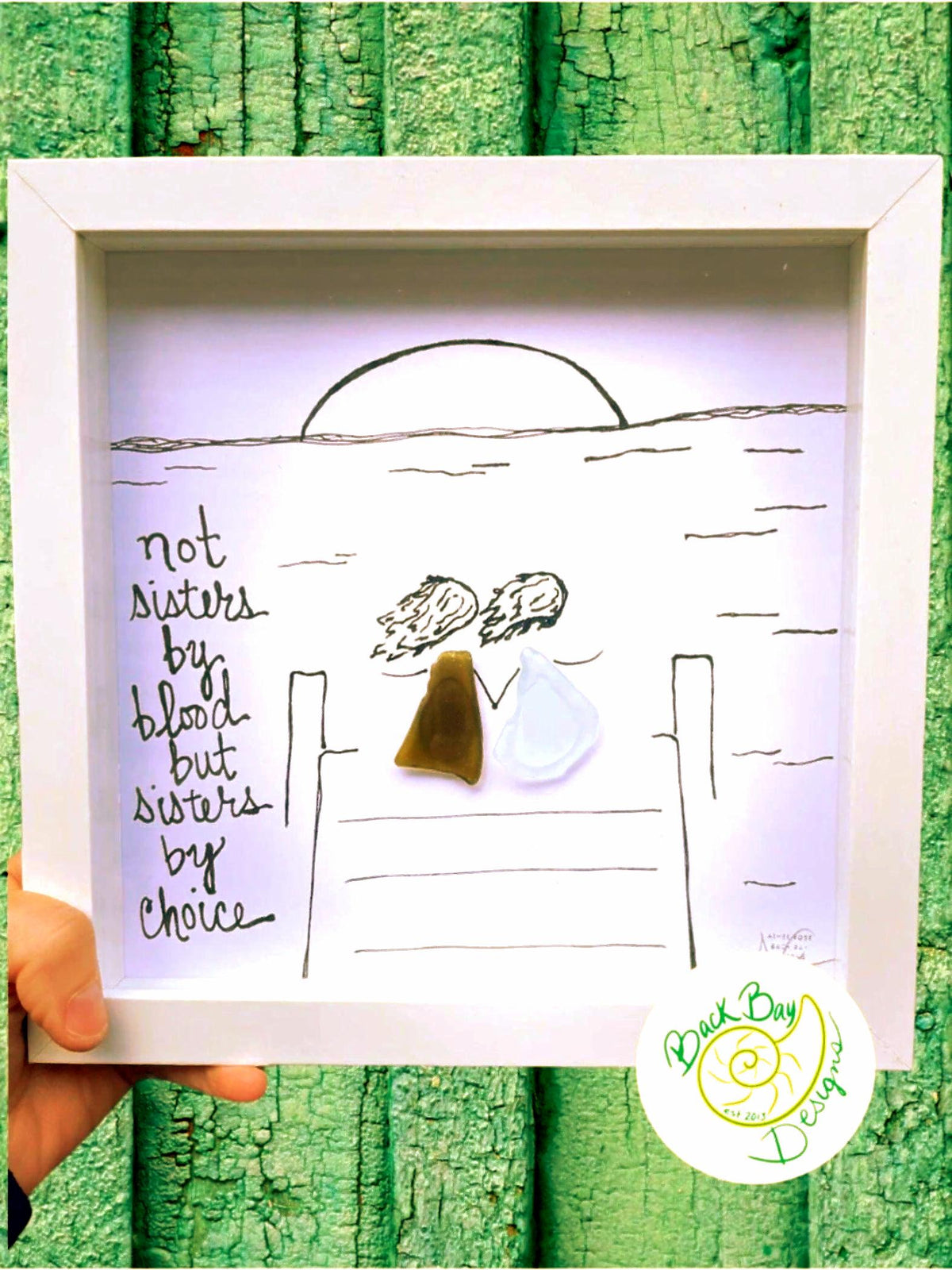 Sisters By Choice - Sea Glass Art for Besties, Sorority, Sister In Law, Step Sister Gift, 8x8 framed