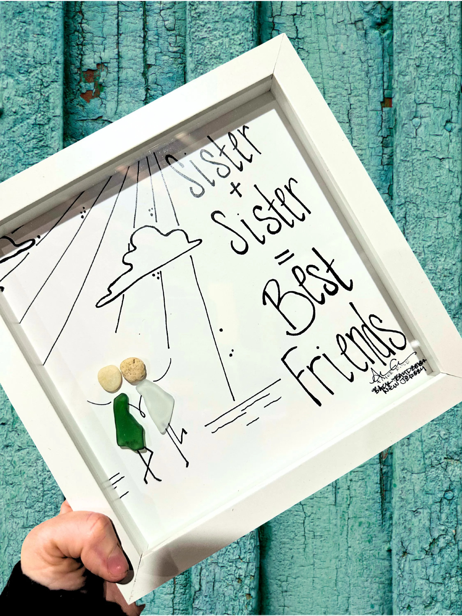 sister plus sister equals best friends 8in sea glass art 
