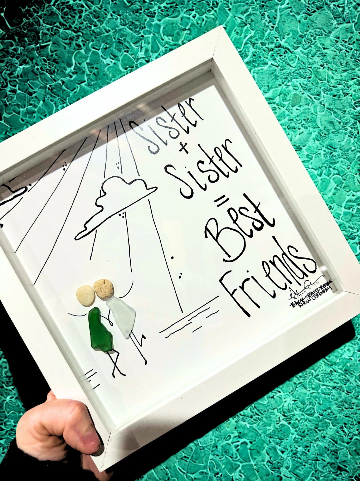sister plus sister equals best friends 8in sea glass art  on green crackled glass 