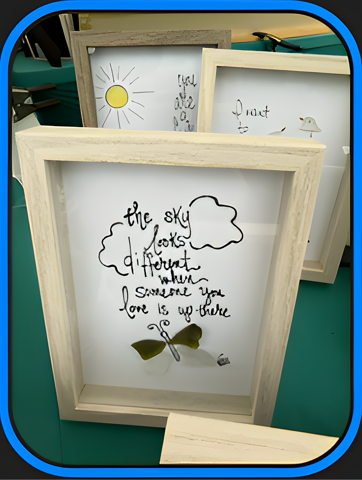 Sky Looks Different - SLIM Sea Glass Art,  5x7 Whitewash Frame