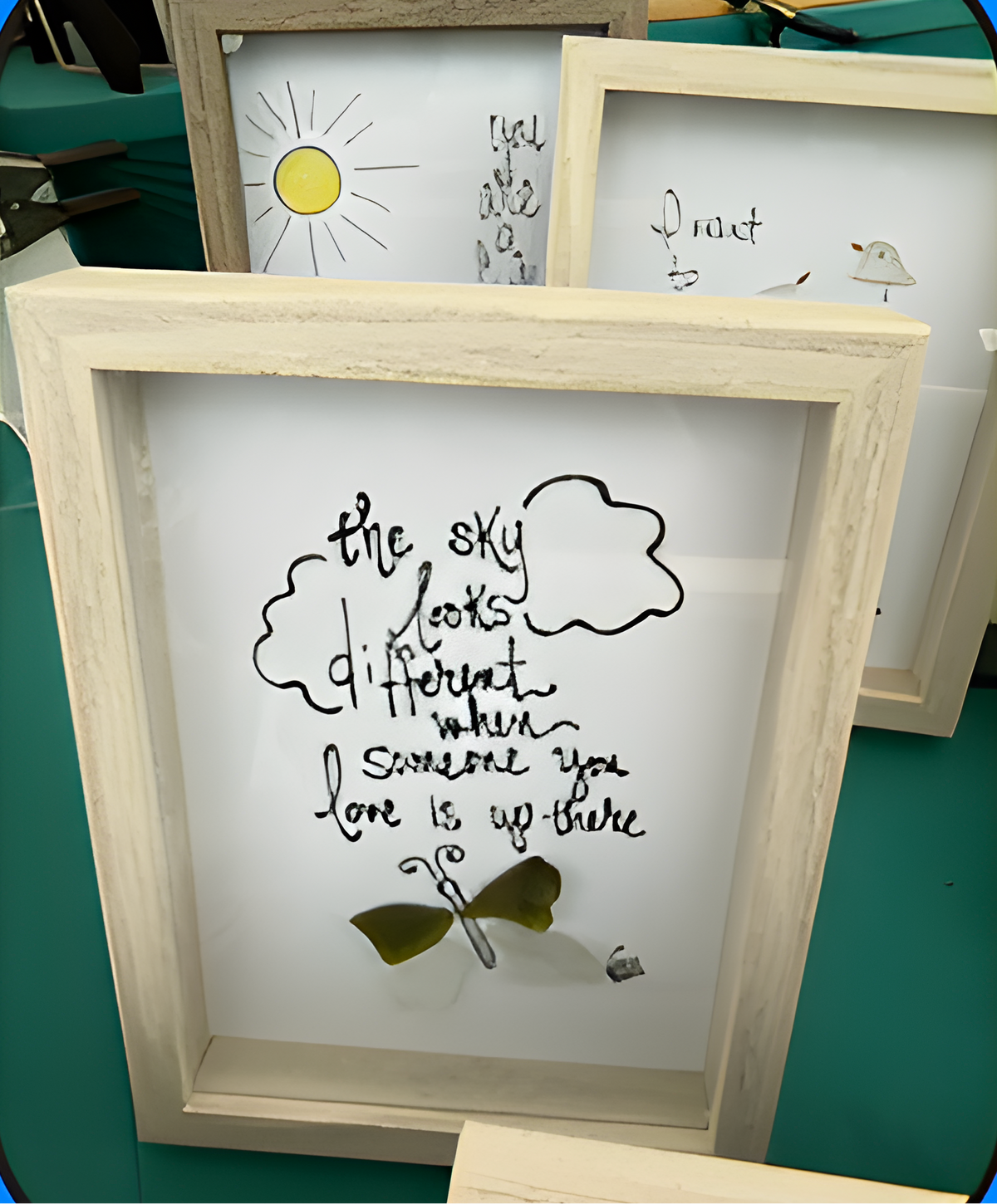 Sky Looks Different - SLIM Sea Glass Art,  5x7 Whitewash Frame