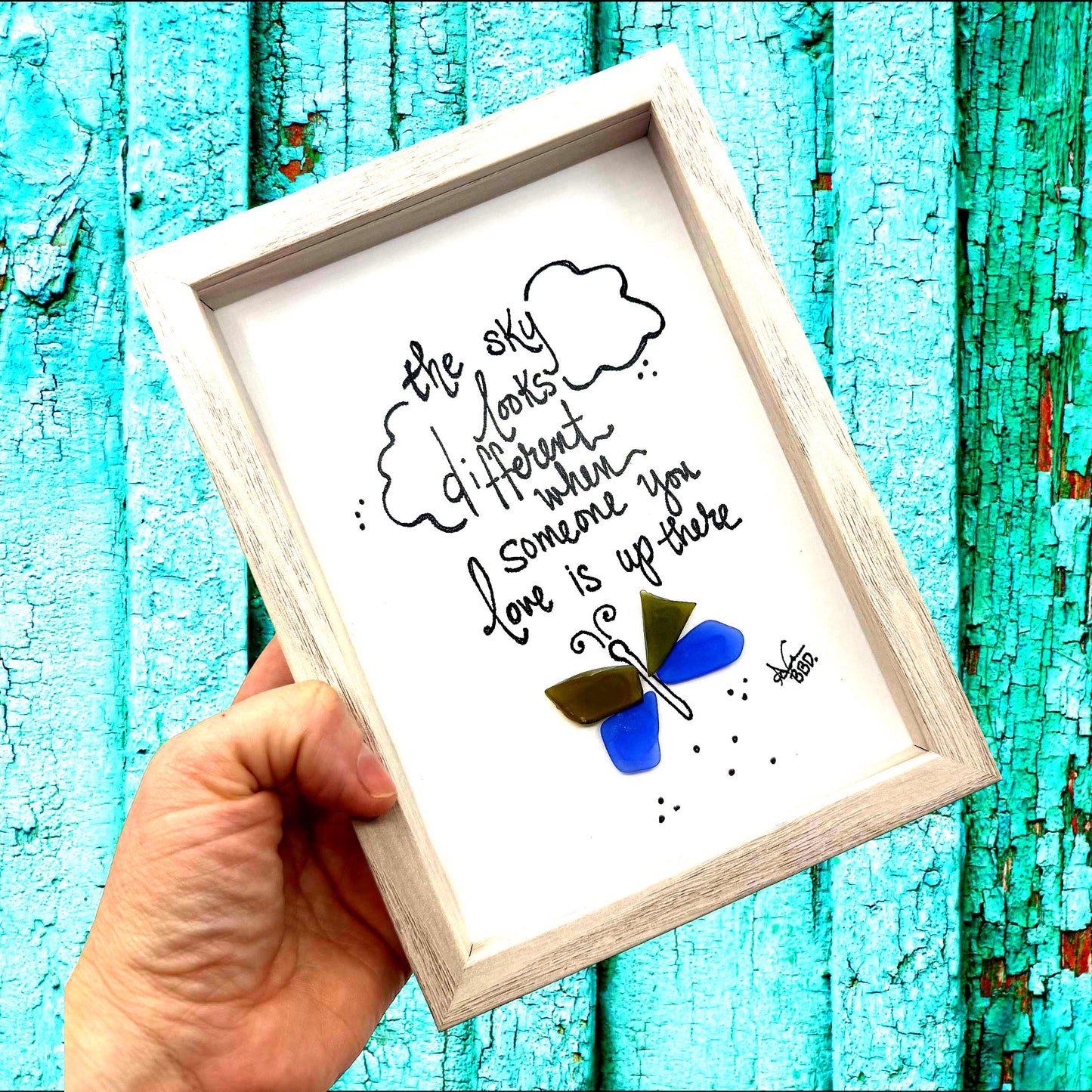 Sky Looks Different - SLIM Sea Glass Art,  5x7 Whitewash Frame