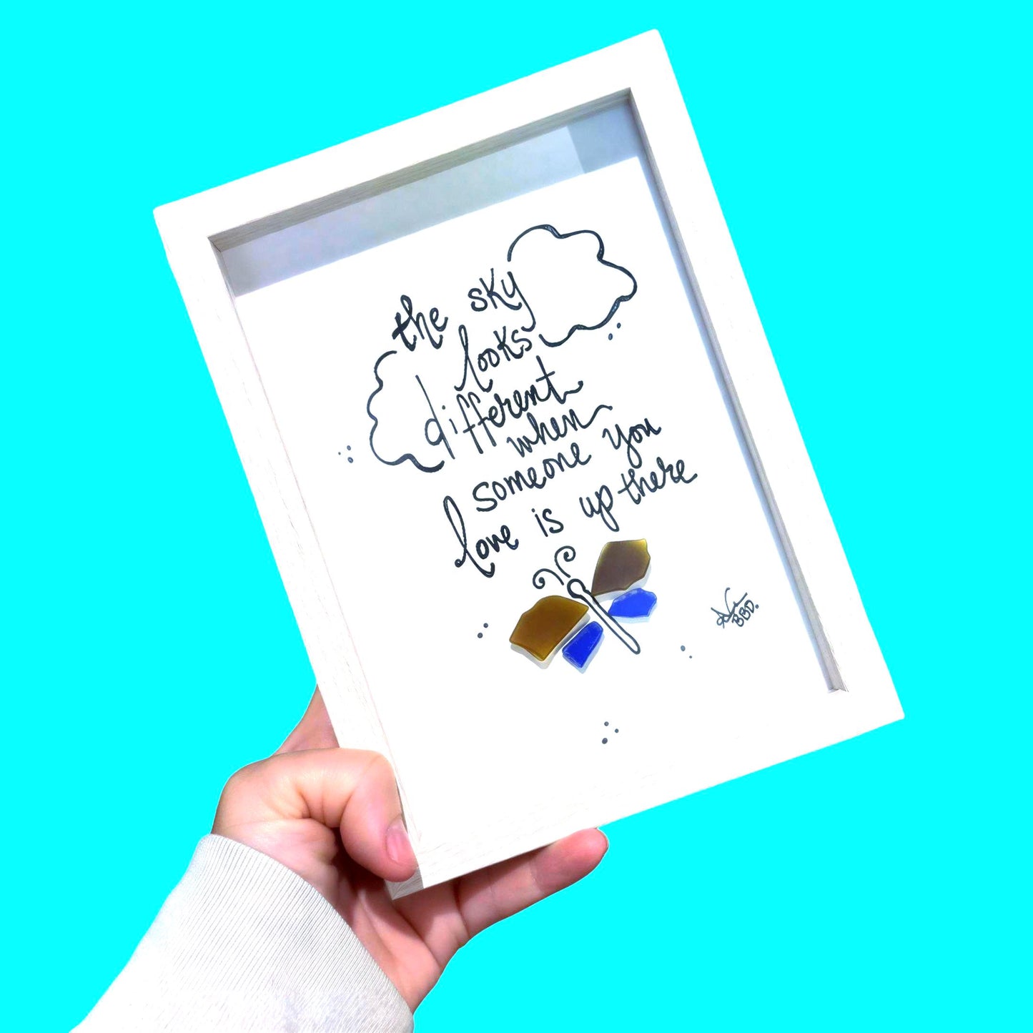 Sky Looks Different - SLIM Sea Glass Art,  5x7 Whitewash Frame