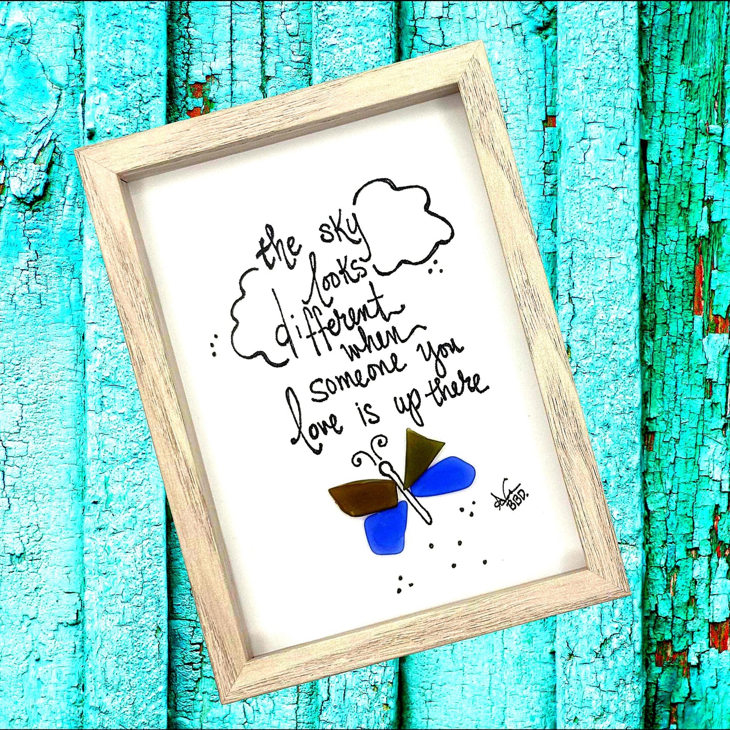 Sky Looks Different - SLIM Sea Glass Art,  5x7 Whitewash Frame