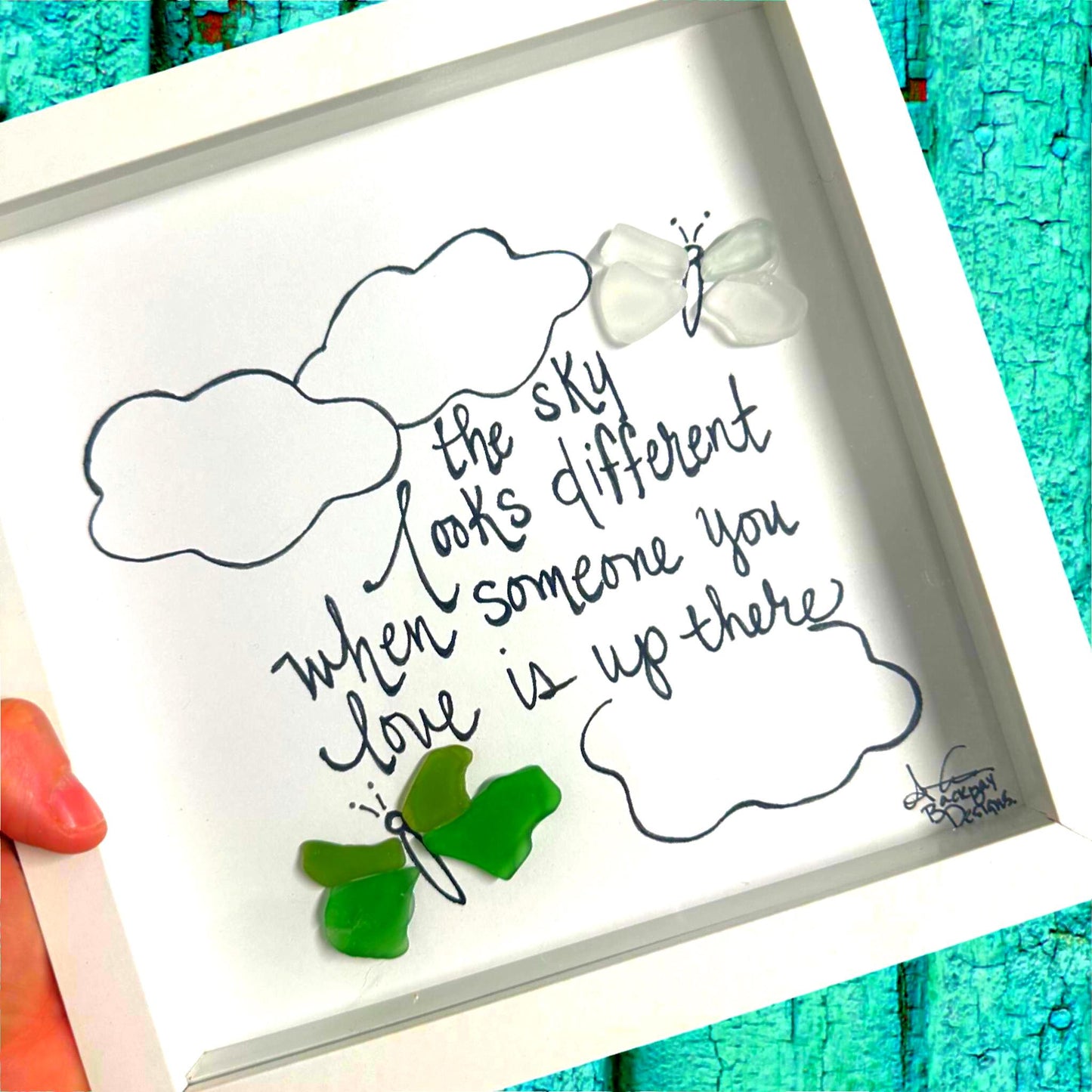 Sky Looks Different - Sea Glass Art, Memorial Remembrance Gift, Butterfly Clouds Meditation, 8x8 framed