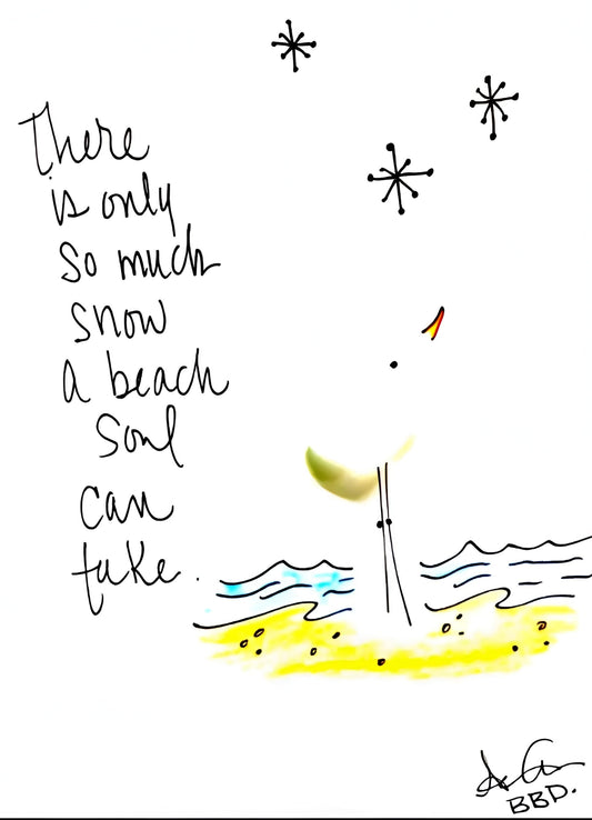 snow_for_beach_soul_bright_upscale_zoom in "There is only so much snow a beach soul can take" sea glass seabird on colorful hand drawn beach wth waves looking up at snowflakes