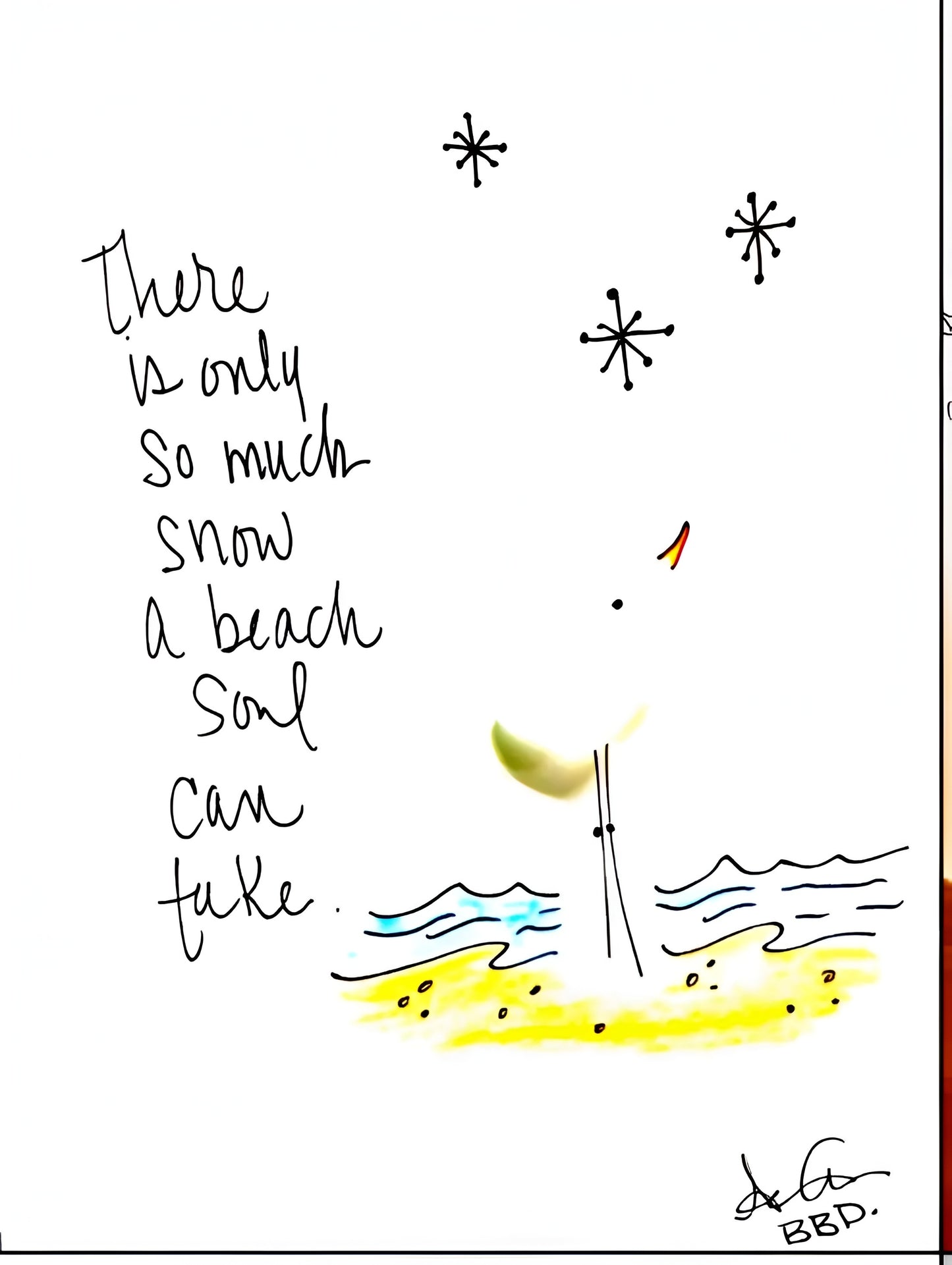 Too Much Snow for a Beach Soul - SLIM Sea Glass Art,  5x7 Whitewash Frame