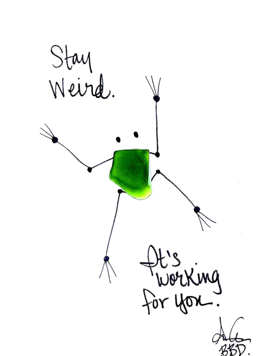 Stay Weird Its Working Frog - SLIM Sea Glass Art,  5x7 Whitewash Frame