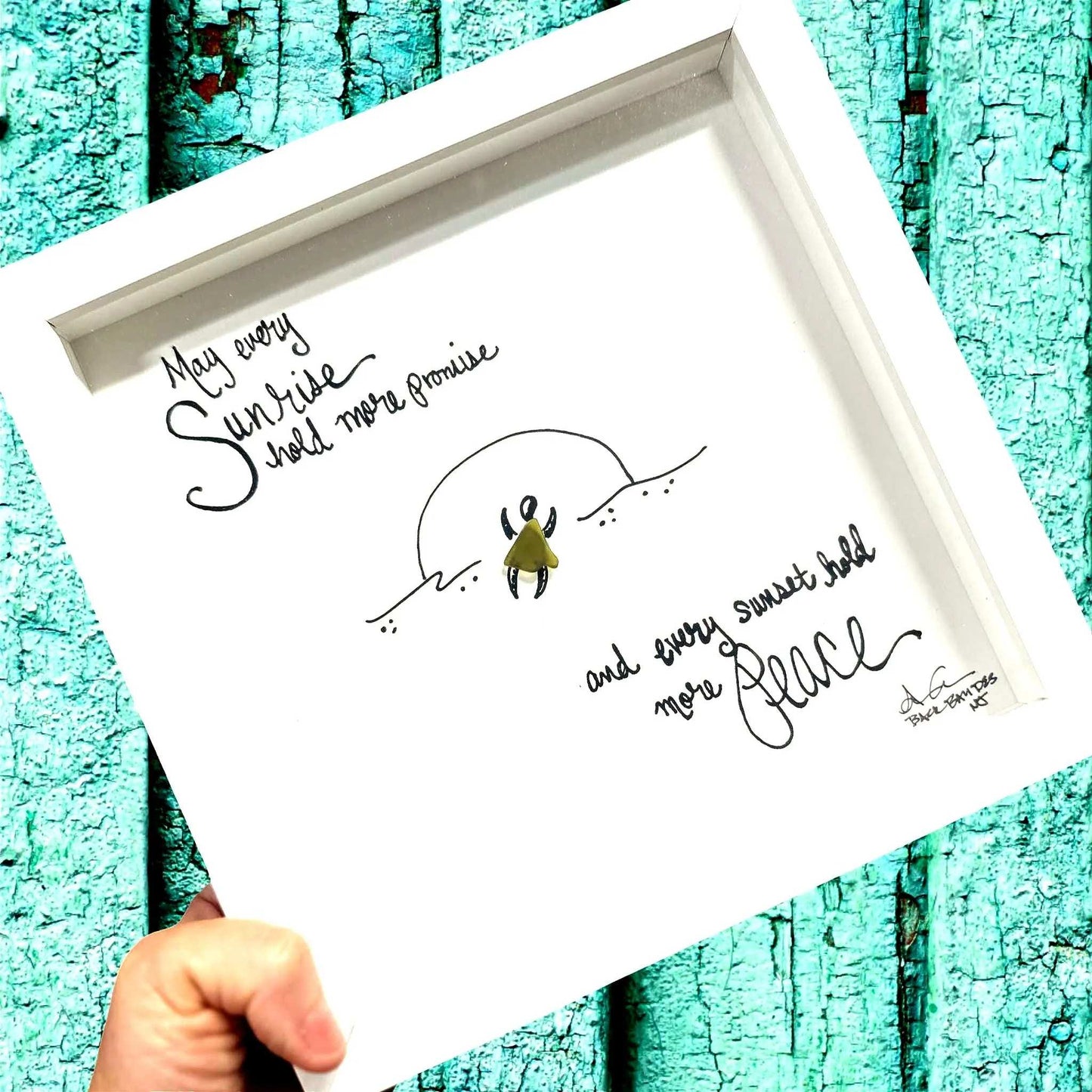 Sunrise Promise Peace Turtle - Sea Glass Art, Memorial Gift, Uplifting Coastal Decor, 8x8 framed